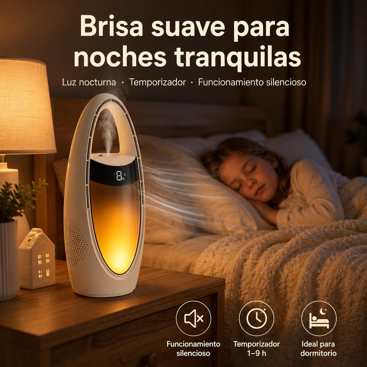Ventilador sin Aspas con Nebulizador, Ventilador de Sobremesa Recargable 4000 mAh con Luz Nocturna LED, 9 Velocidades, Temporizador 1-9H, Oscilación 70°, USB para Dormitorio Oficina Camping (Weiß)