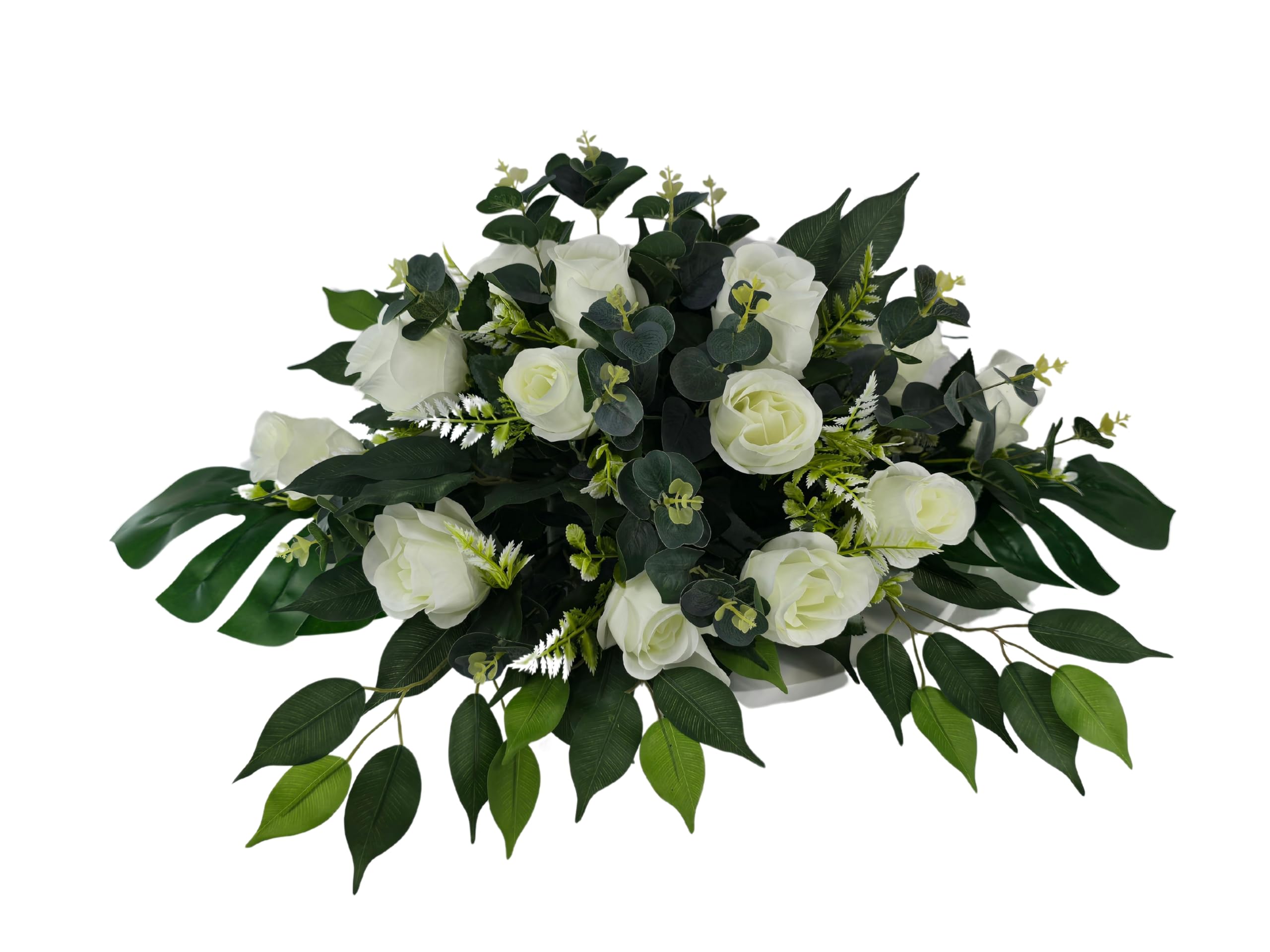 DRW Centro de Flores cojin Cementerio, procesiones, Iglesias Bodas o sepulturas Rosas Blancas y eucalipto Estilo Barco Artificiales 74x50x30