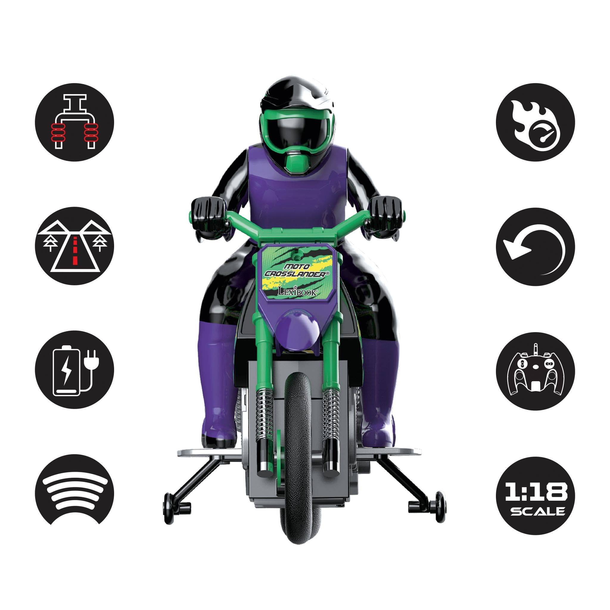 LEXIBOOK, Crosslander®, Radio-controlled off-road motorcycle, up to 12km/h, perfect balance, light effects, crazy skids - Image 2