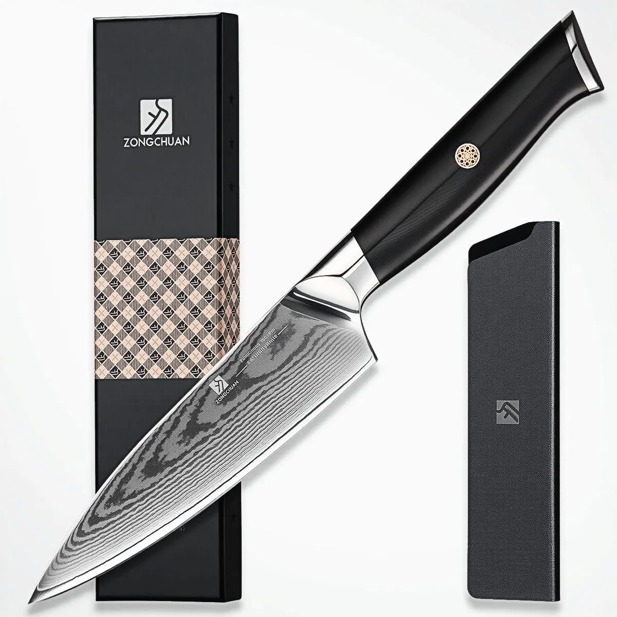 5.5-Inch Damascus Utility Knife, 67-Layer High Carbon Stainless Steel Kitchen Knife with Ergonomic G10 Handle, Protective Sheath & Gift Box for Paring, Slicing and Everyday Cooking