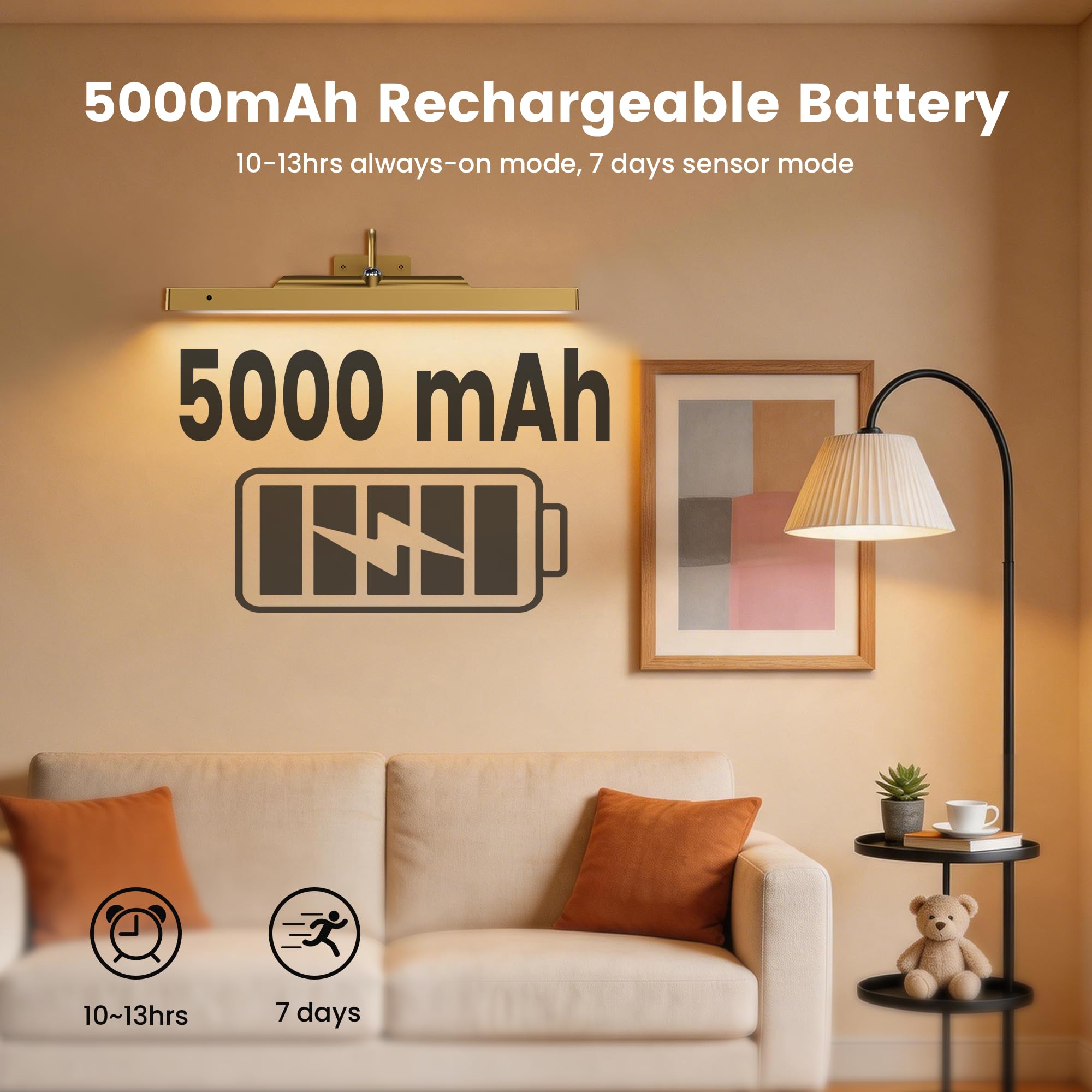 Wiederaufladbare Galerieleuchten für Wand, Messing, Bewegungsmelder, Bilderleuchte, 5000 mAh, kabellos und dimmbar, 3CCT Kunstlicht über Rahmen, Gemälde, Fotos, Spiegel (2er-Pack)