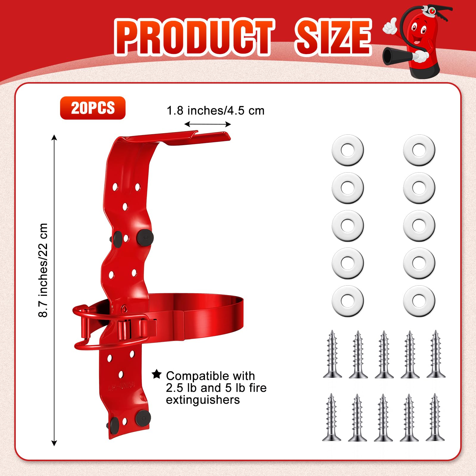 Therwen 10 soportes de montaje para extintor de incendios de 2.5 libras, 5 libras, soporte de pared para extintor de incendios pequeño, soporte de pared de acero inoxidable, rojo (20 piezas)