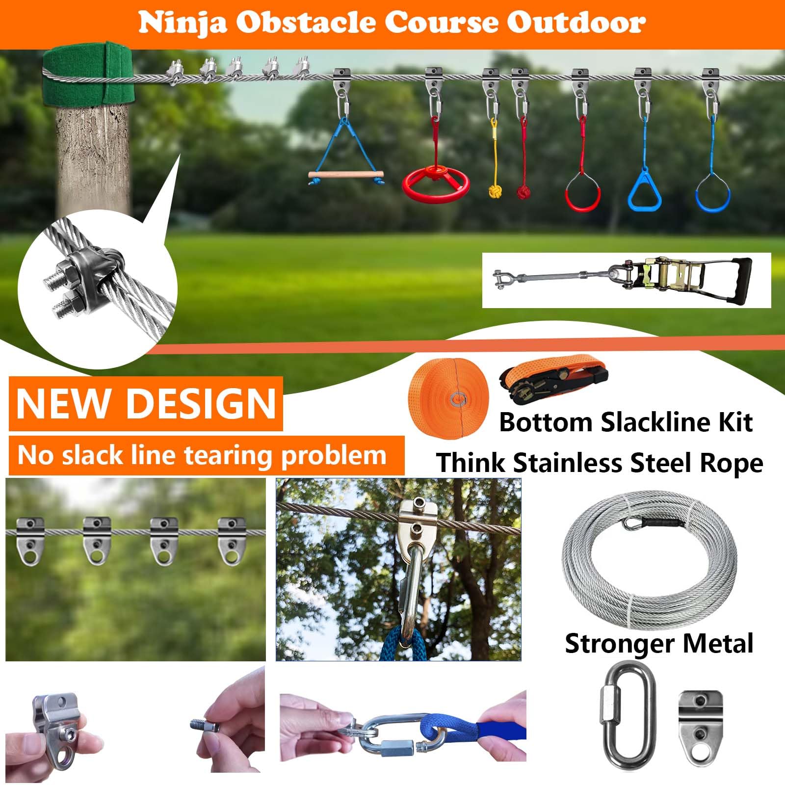 SZHTMZXC 2 x 65FT Ninja Warrior Obstacle Course for Kids Backyard Outdoor, Stainless Steel Rope 500lbs, Ninja Bottom Slackline, Monkey Bars, Climbing Net (65FT 13Pcs Ratchet Bottom Rope Tree climbing)