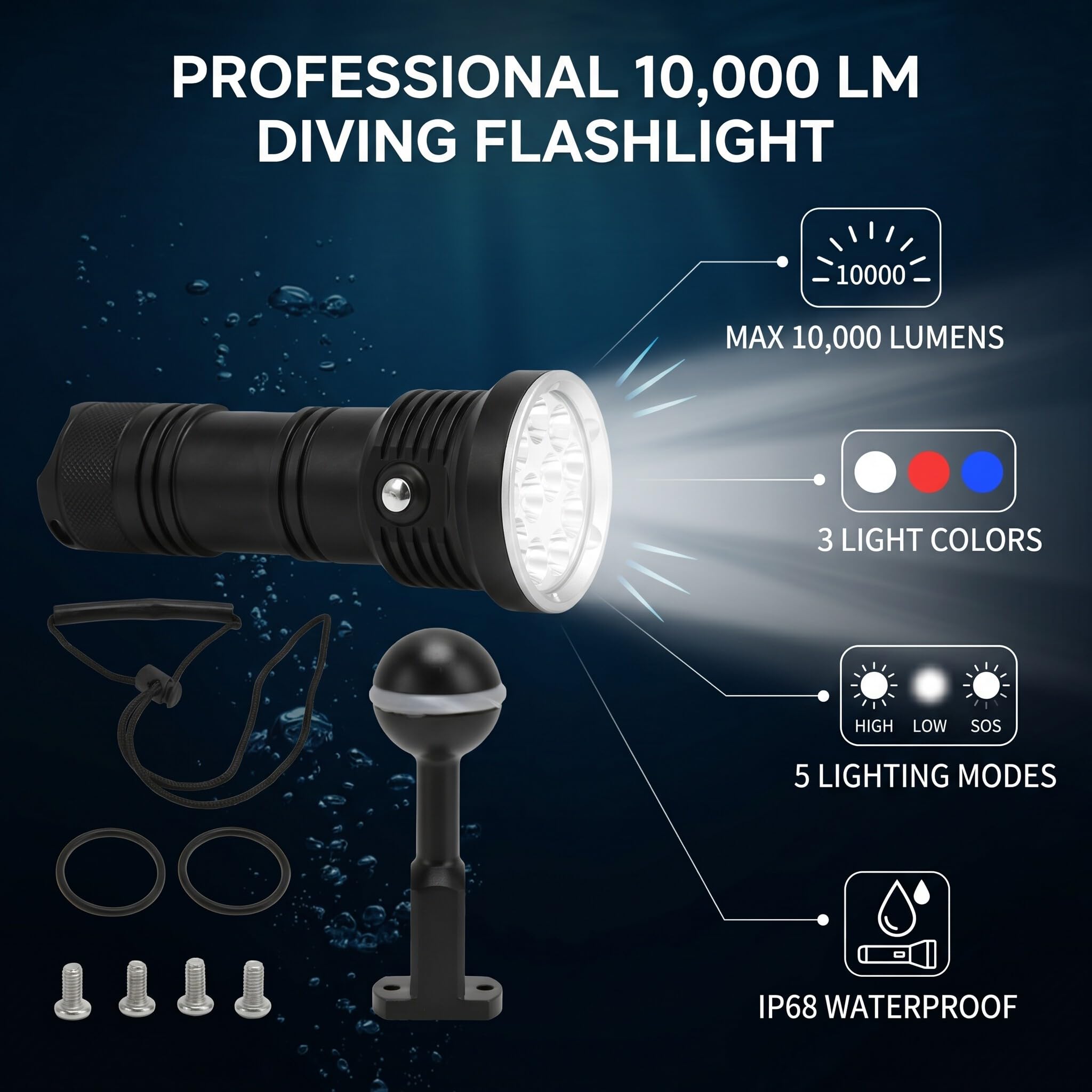 Linterna de Luz de Buceo de 10000 Lúmenes con 12 LED, 3 Colores de Iluminación, 5 Modos, IP68 Resistente Al Agua, Aleación de Aluminio para Exteriores, Pesca, Camping