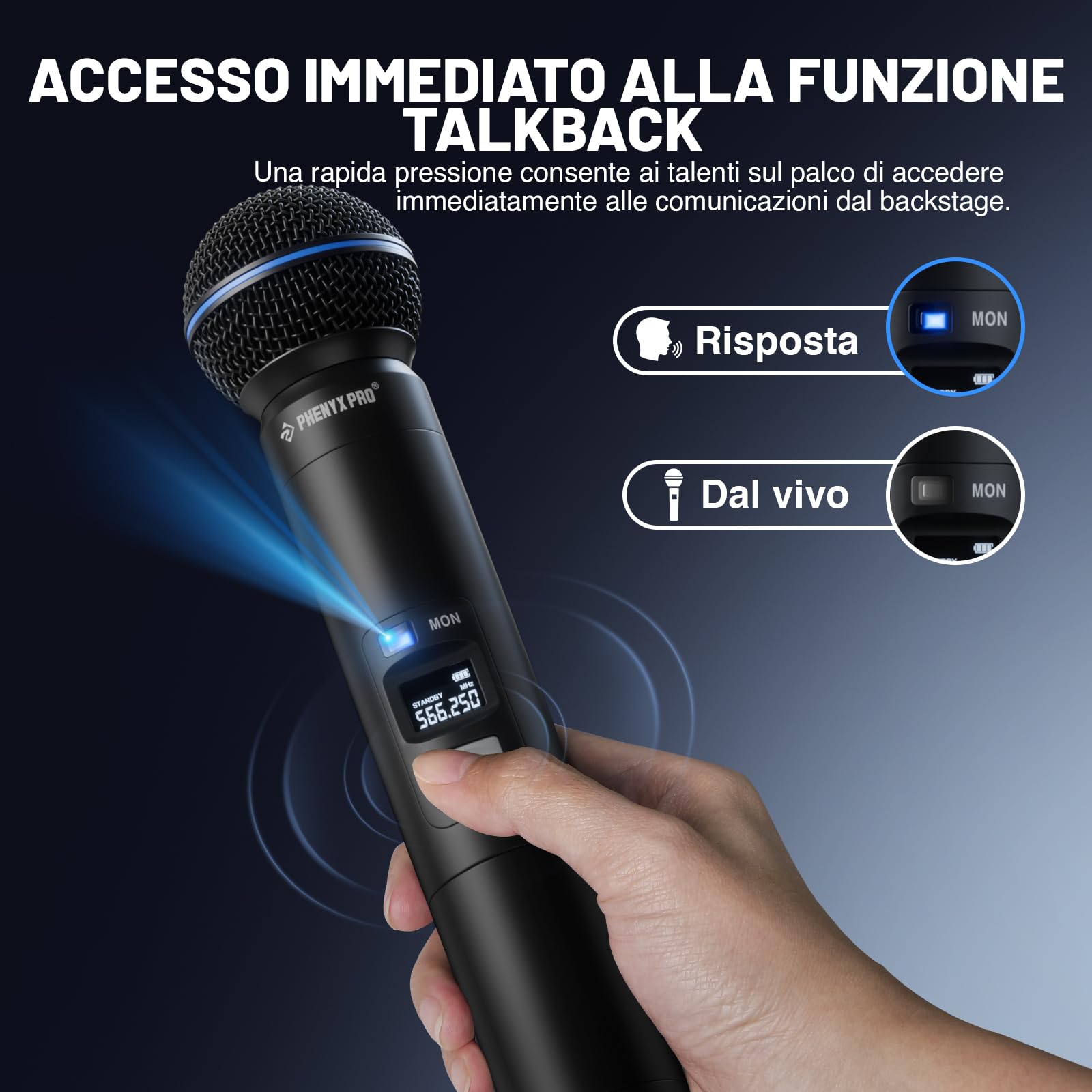 Phenyx Pro Sistema Microfono Wireless UHF Talkback 2 Canali PTI-2-2H | Auto Scan & Sync, potenza RF adattiva, 2 × 100 frequenze, portata 328 ft, microfoni dinamici a mano