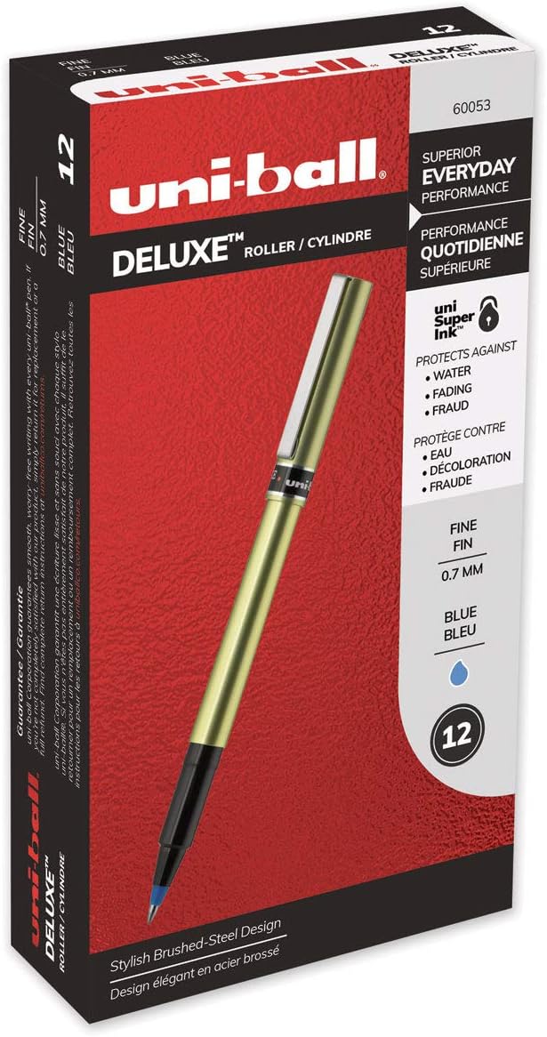Uni-ball Deluxe Rollerball Pen - 0.7 Mm Pen Point Size - Blue Ink - Champagne Barrel - 12 Total
