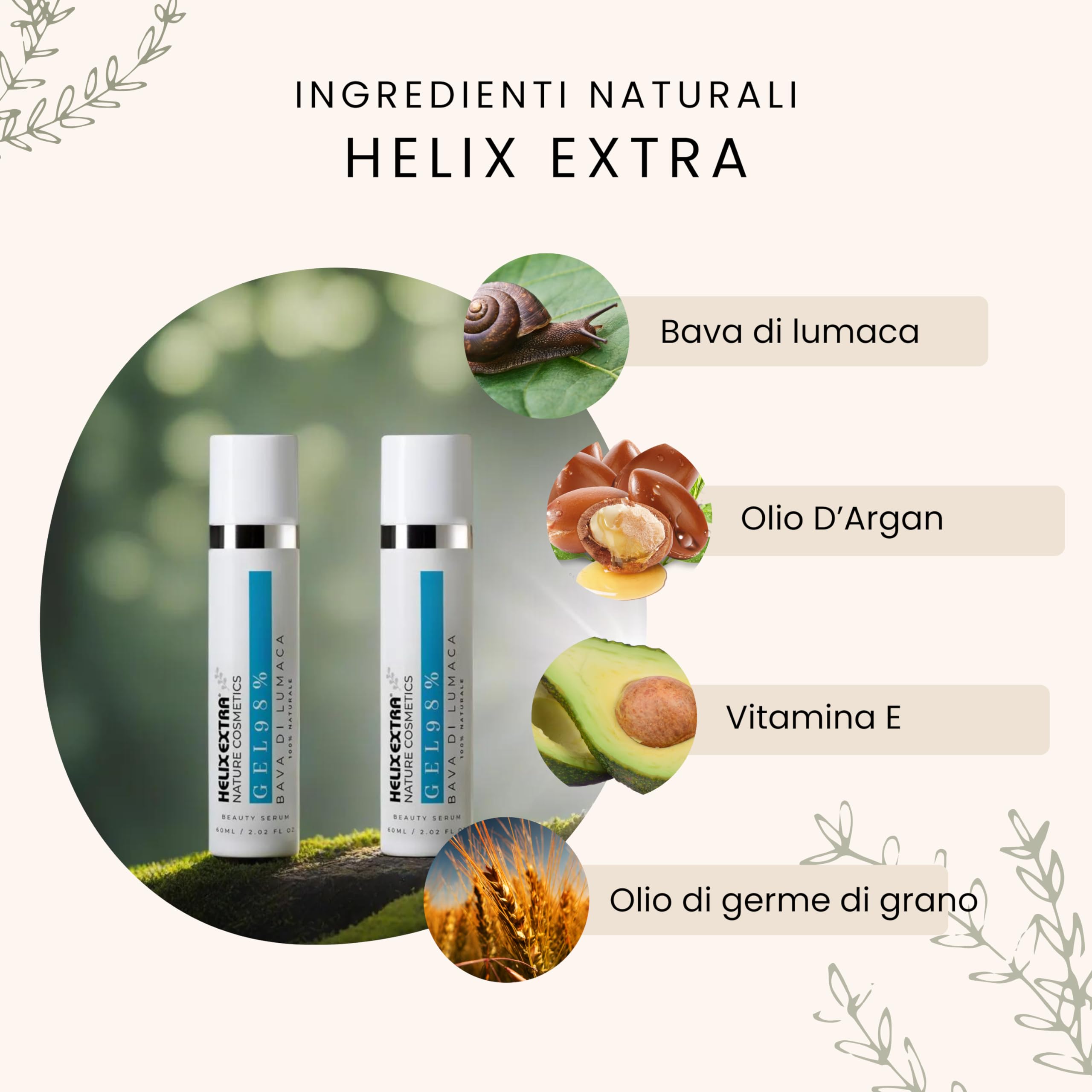 Helix Extra - Gel Viso Bava di Lumaca 98% - antirughe e antimacchie - Made in Italy Confezione da 2 x 60 ml