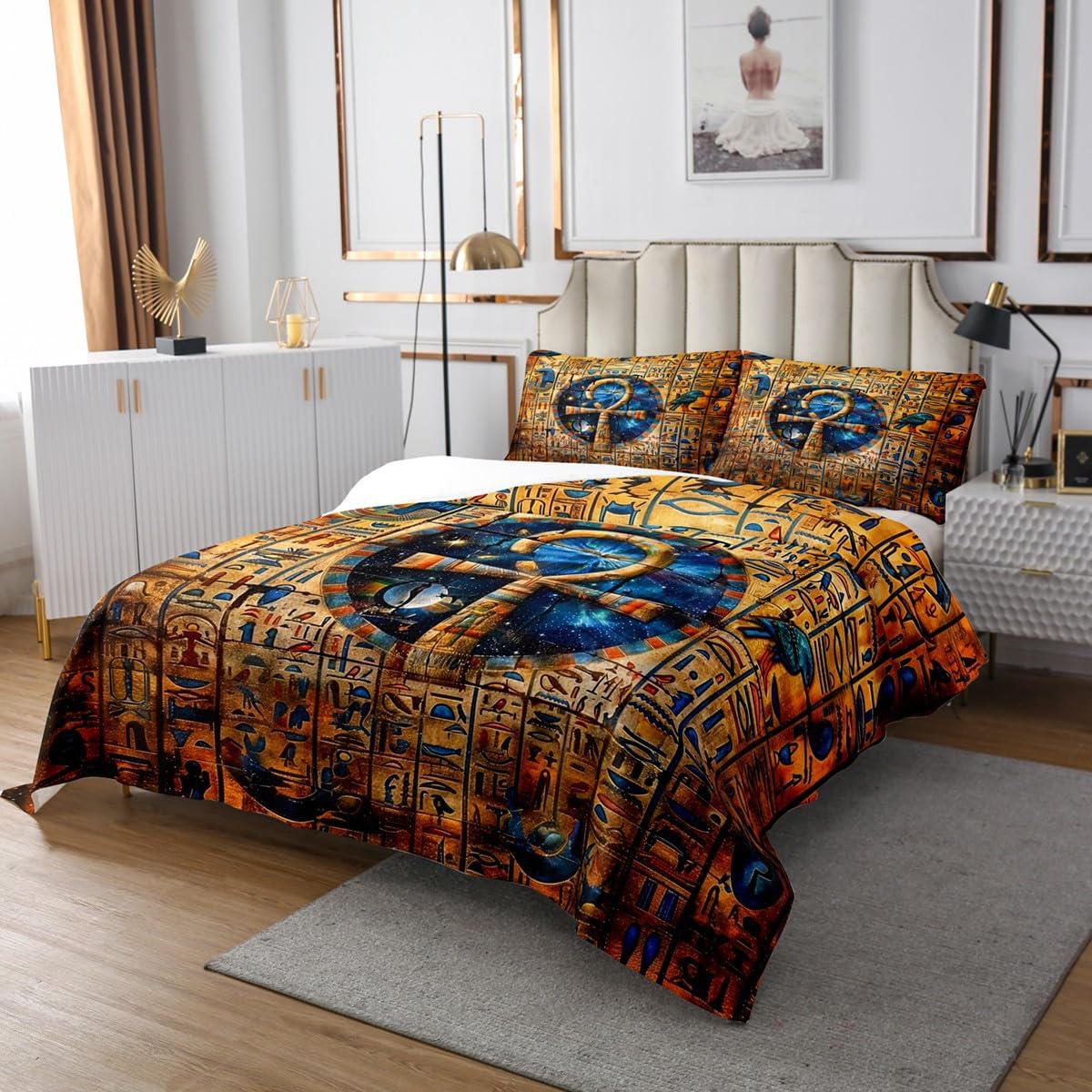 Gold Egyptian Print Bedspread Set Old Egypt Hieroglyphics Pattern Quilt Set King for Kids Boys Girls Teens Adults Room Decor,Retro Egyptian Civilization Quilted Coverlet,Exotic Tribal Bed Cover