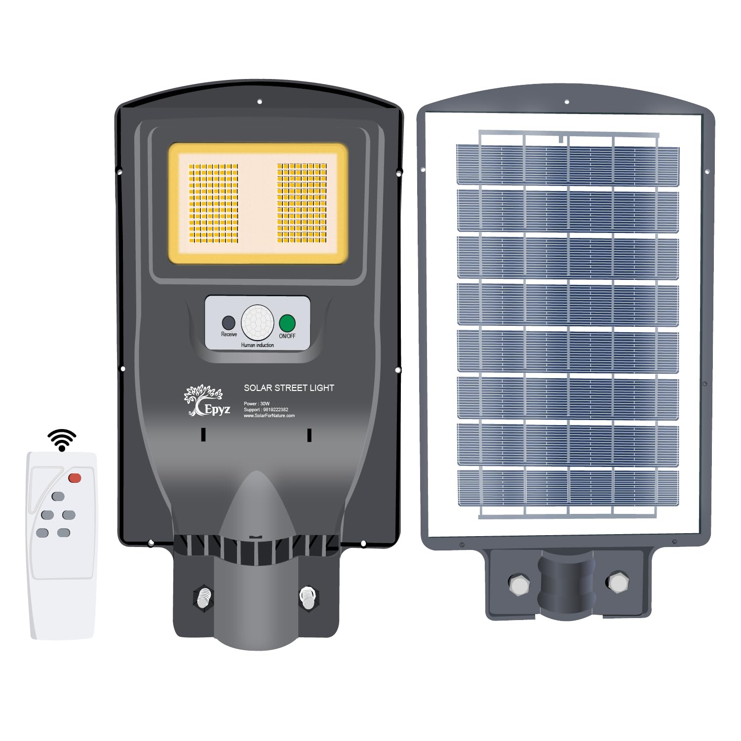 Epyz 30 Watt Grey Solar Street Lights with Remote, 208 LEDs, Motion Sensor for Garden, Street, Lawn, Patios and Pathways [ with Out Pole ] [ Pack of 1, Warm Yellow ]