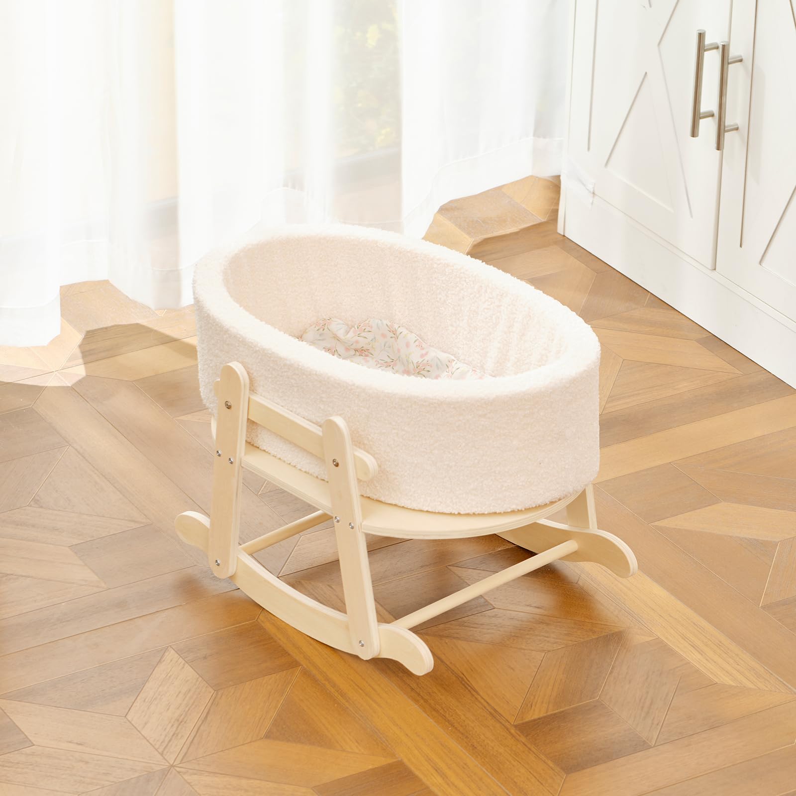 Cuna de madera para muñeca de bebé, juguetes para gatos y perros, moisés de madera para muñecas de hasta 16 pulgadas, accesorios de muñeca con colchón y moisés, regalo para niños y niñas 4