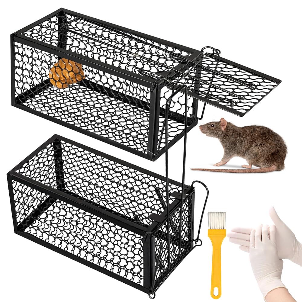 Peldris Humane Rat Traps, 2 Pack Black Humane Mouse Trap Cage with Gloves and Cleaning Brush, Live Mouse Rat Trap, Highly Sensitive Squirrel Trap for Indoors Outdoors Home Office Use
