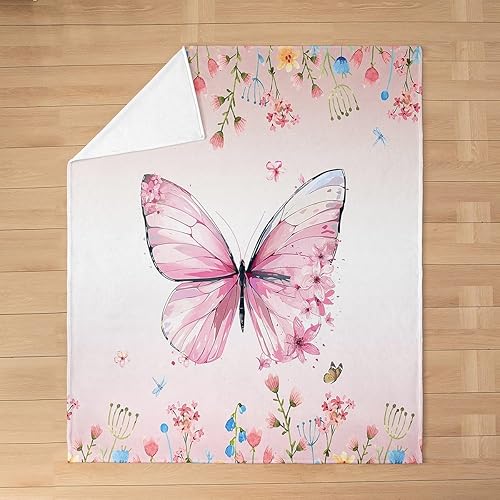 Miniatura 3 de Manta de vellón de mariposa, manta mullida de franela con flores rosas degradadas para cama, sofá, sillón durante todas las estaciones, estilo
