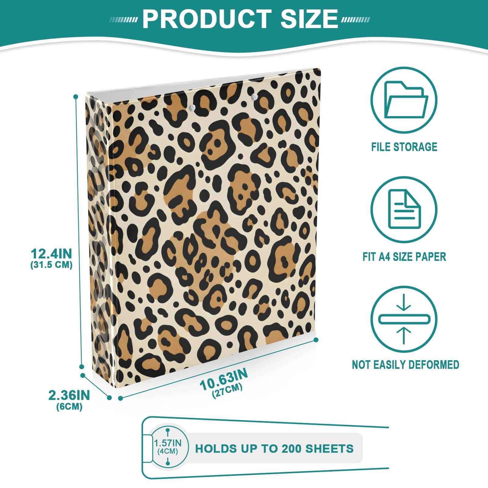 Raccoglitore a 3 anelli con stampa leopardata marrone, 3,8 cm, anelli rotondi per 200 fogli, 3 raccoglitori ad anelli con clip in metallo antiscivolo