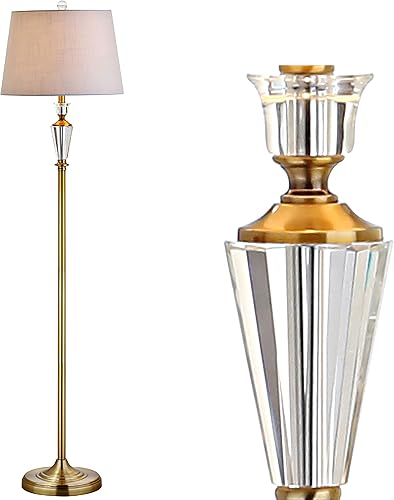 JONATHAN Y 61'' Brass Gold and Clear Crystal LED Floor Lamp, Traditional Slender Metal Standing Light with White Linen Drum Shade for Living Room, LED Bulb Included JYL2029A