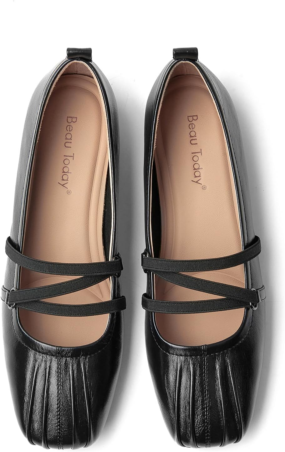 BEAU TODAY Womens Mary Janes, Genuine Leather Maryjane Flats for Women, Comfortable Ballet Flats with Adjustable Strap, Casual Square Toe Slip On Dressy Flat Shoes