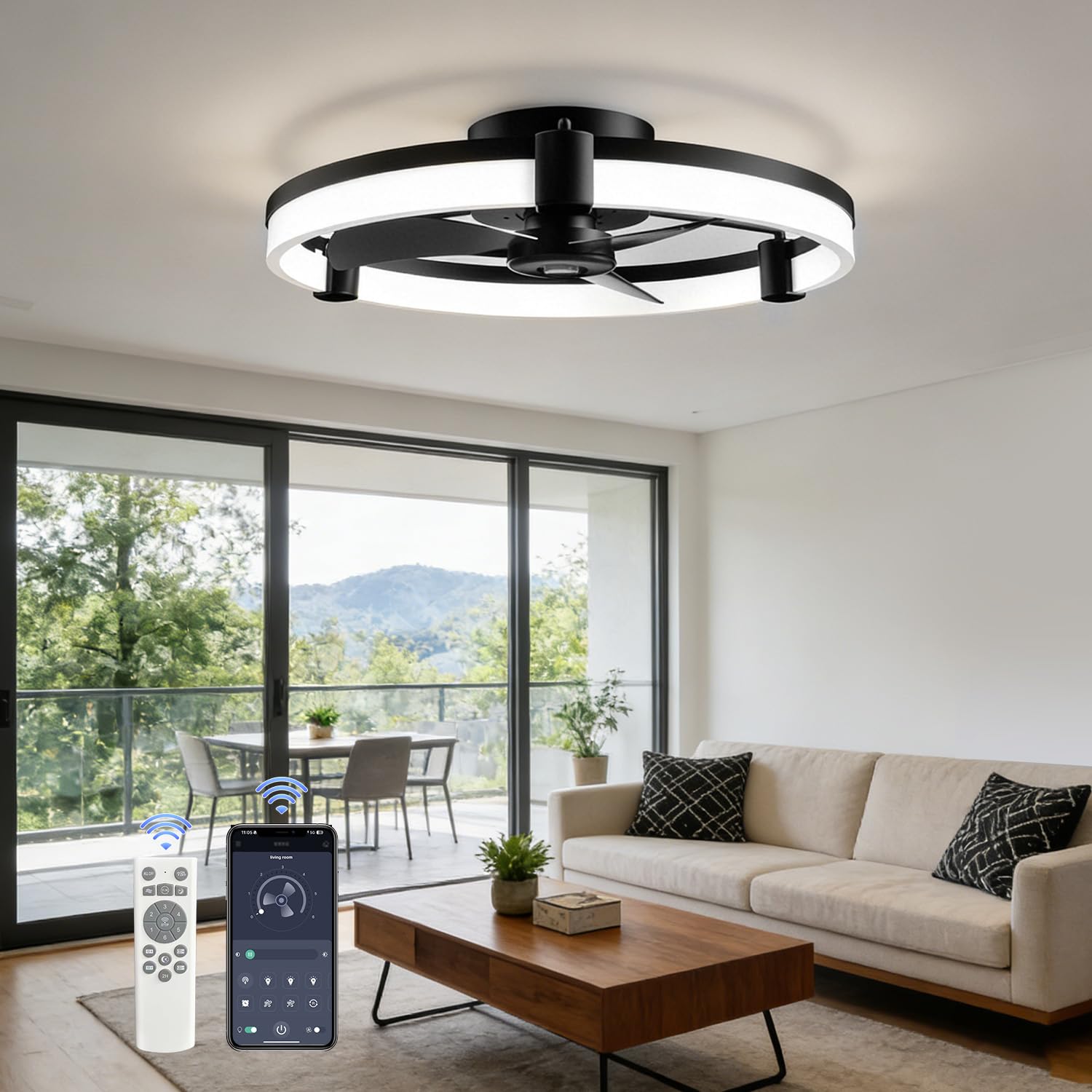 Ventilateur de Plafond Lumiere et Bluetooth APP Contrôle et Telecommande 50CM, Plafonnier Ventilateur avec 6 Vitesses et vent Réversible Dimmable LED, Timing, Mode Veilleuse, Fonction Mémoire