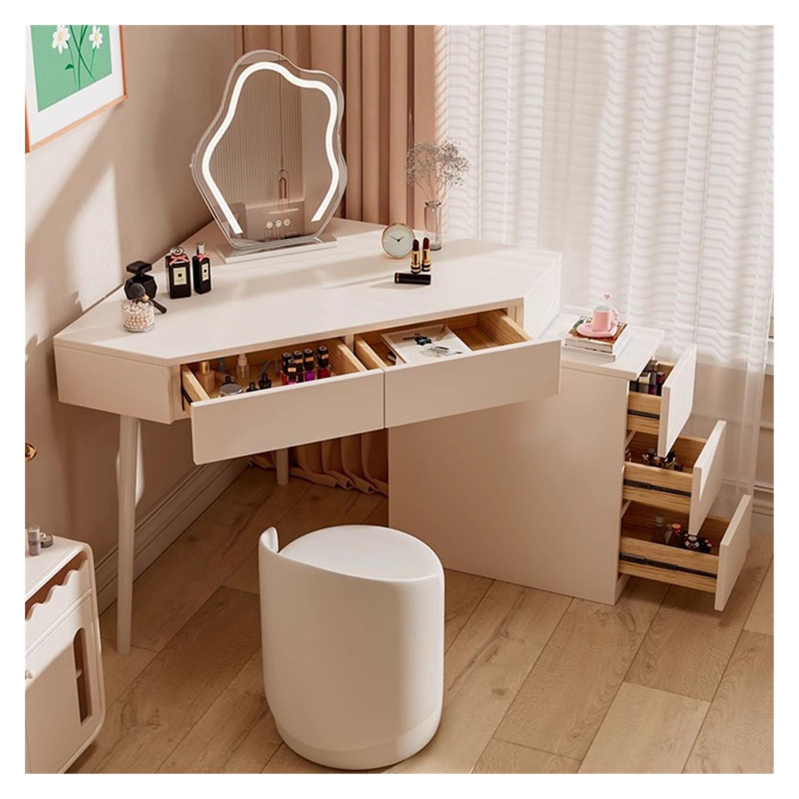 scrivania Vanity Desk moderno, tavolo da toilette ad angolo bianco, scrivania for trucco for piccoli spazi con specchio e 5 cassetti Gabinetto degli organizzatori(Piccolo)