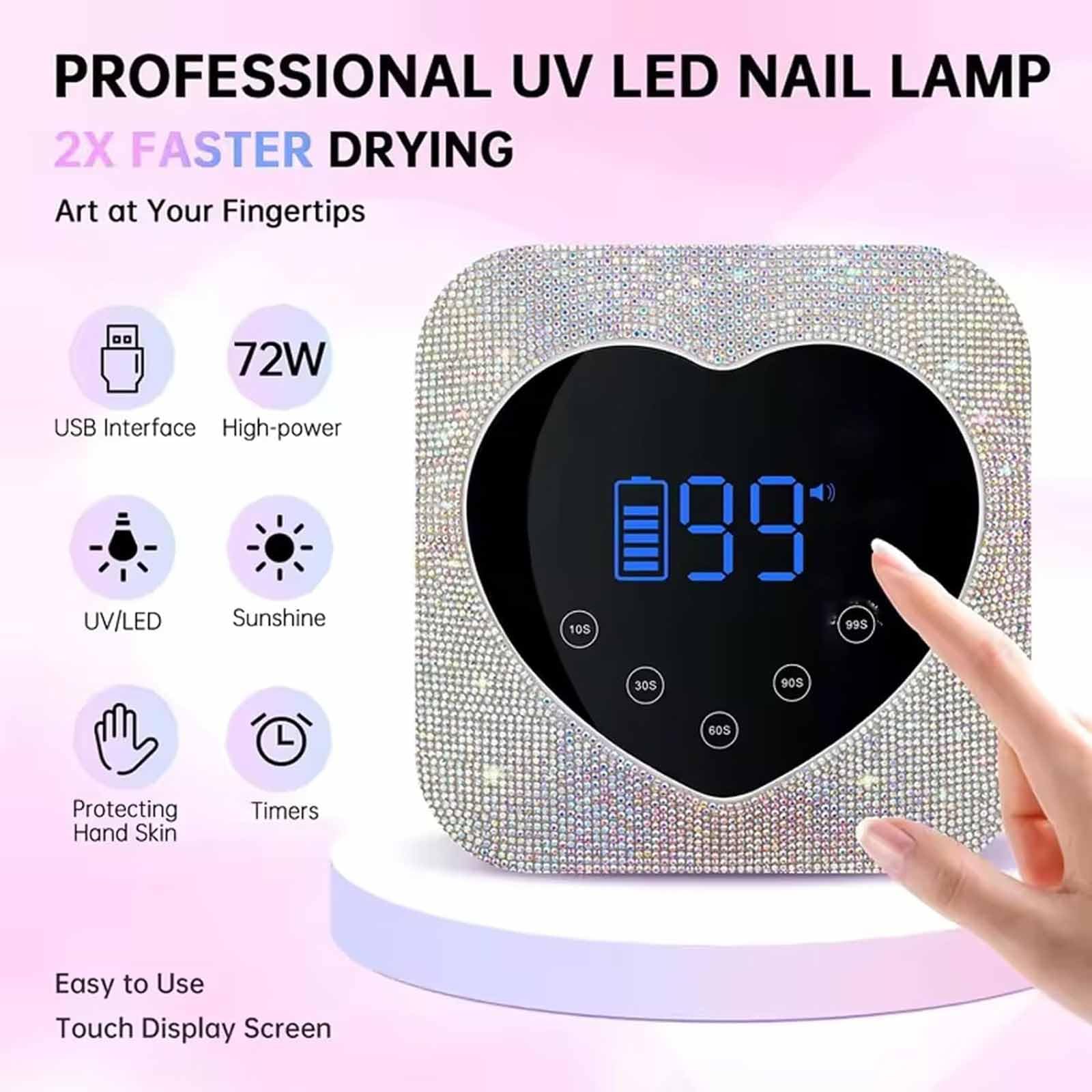 ERICAT Luz Brillante para Secador De Uñas, Lámpara De Uñas Recargable De 72 W con 5 Temporizadores Y Pantalla Digital Táctil LED Grande, Sensor Automático Y Curado De Secado Rápido