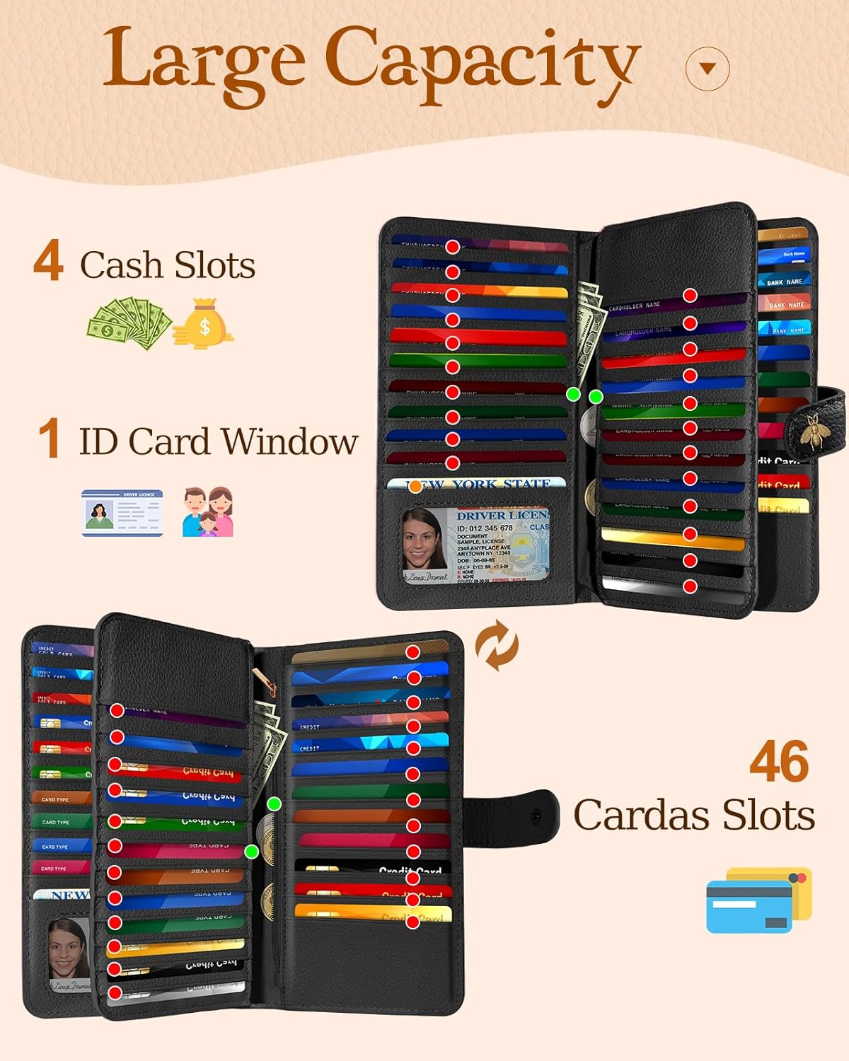 Bistup 【46 Slots Credit Card Holder for Women Ladies Female Teen Girls Rfid Genuine Leather Cardholder Large Capacity Size Big Billfold Wallets Black Bee Cute Girly Aesthetic Print Unique - Image 3