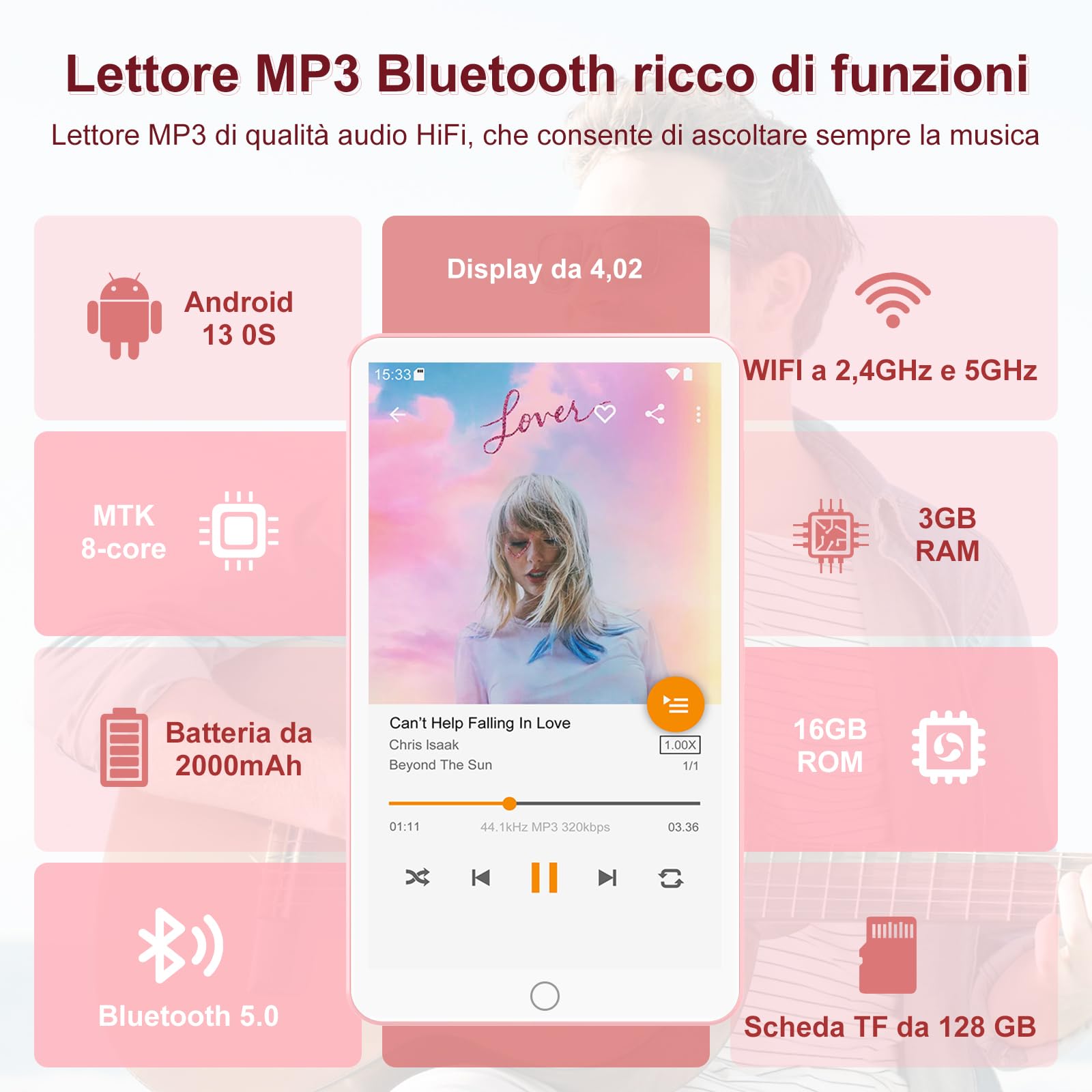 Lettori MP3 144GB con Bluetooth WiFi, lettori MP4 da 2000mAh con schermo touchscreen da 4” e altoparlante, lettori musicali MP3 con sistema operativo Android 13, Spotify, Audible, Play Store (Pink)