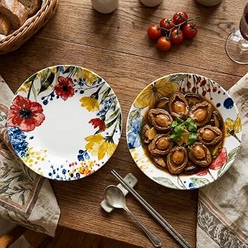Ceramic Deep Dinner Plates Set of 4 Patterned,8 Inch Ceramic Dessert Plates,Deep Salad Plates Set,Dinnerware Set for Pasta Bowls,Ramen Microwave & Dishwasher Safe