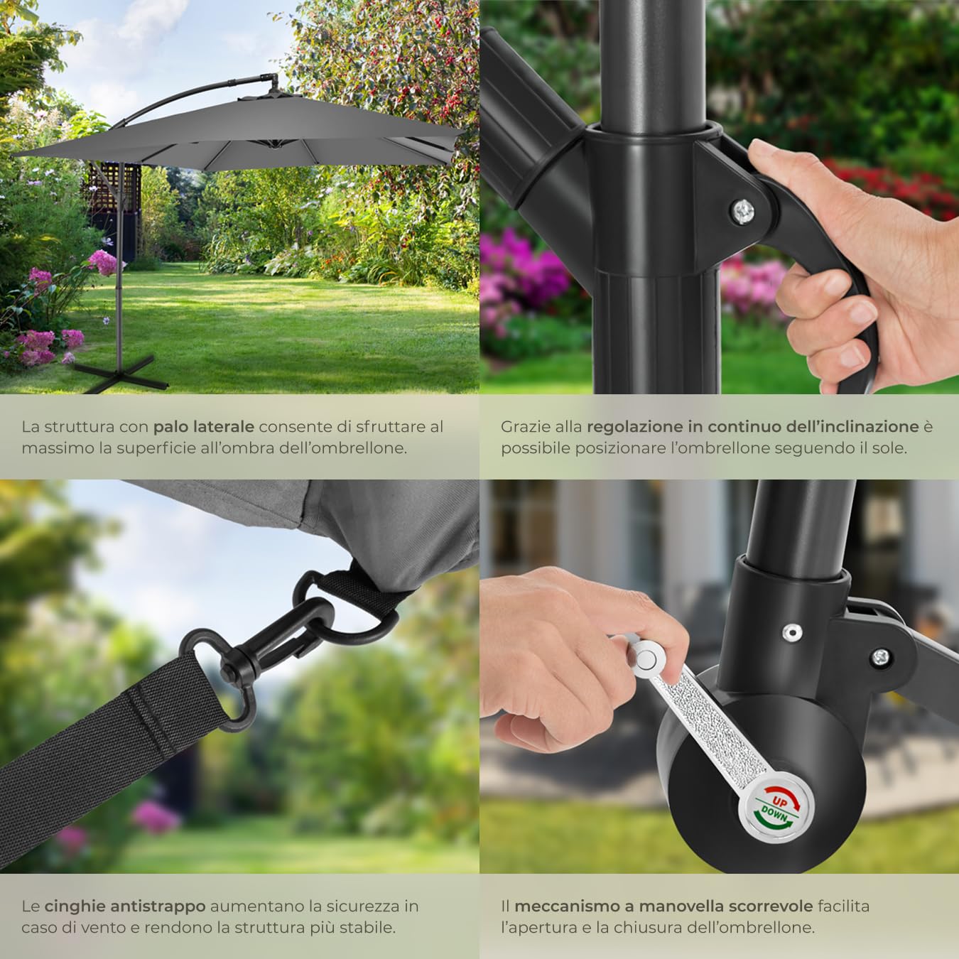 tectake® Ombrellone Apollon, 2,5x3m, Grigio Chiaro, con Manovella, Inclinazione Regolabile, Tessuto Idrorepellente, Inclusa Custodia Protettiva, Ombrellone da Giardino
