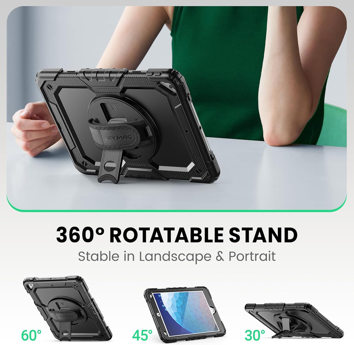 SEYMAC for iPad Air 3/ Pro 10.5 inch Case, Heavy Duty Full-Body Shockproof Protective Case with Screen Protector, 360° Rotating Stand, Hand/Shoulder Strap for iPad Air 3rd Gen, Black