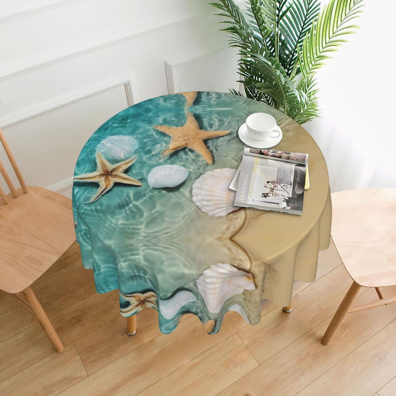 Whjssf Black Starfish And Seashell Pattern Prints Round Decorative Tablecloth 60In - High-Grade Polyester Table Throw For Dining & Outdoor Parties