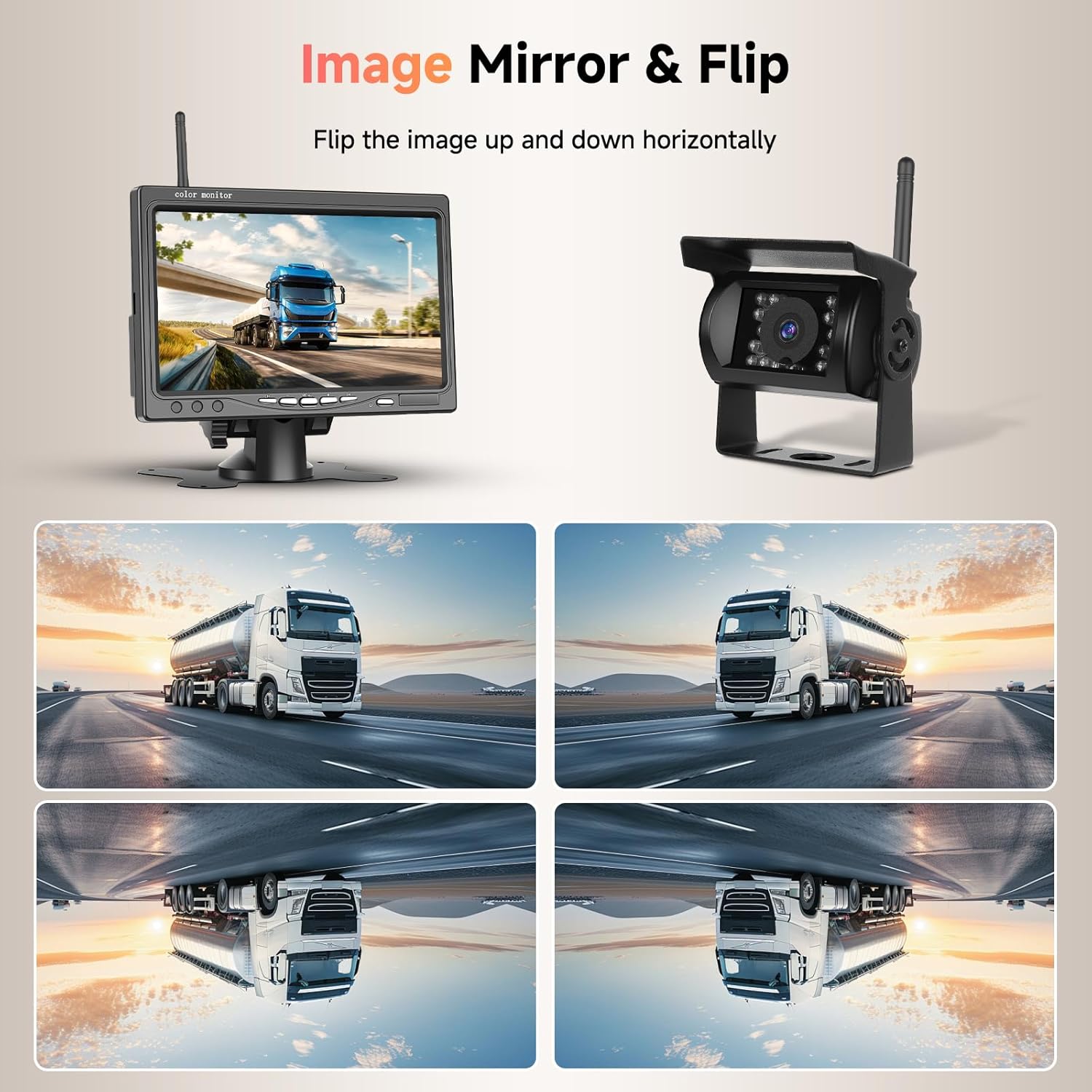 Four images demonstrating the Image Mirror & Flip function, showing how the camera feed can be flipped horizontally and vertically on the monitor.