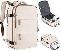 Vista 54 de Mochila de viaje grande, bolsa de mano, aprobada para aviones, para artículos personales, para hombre o mujer, color beige con marrón