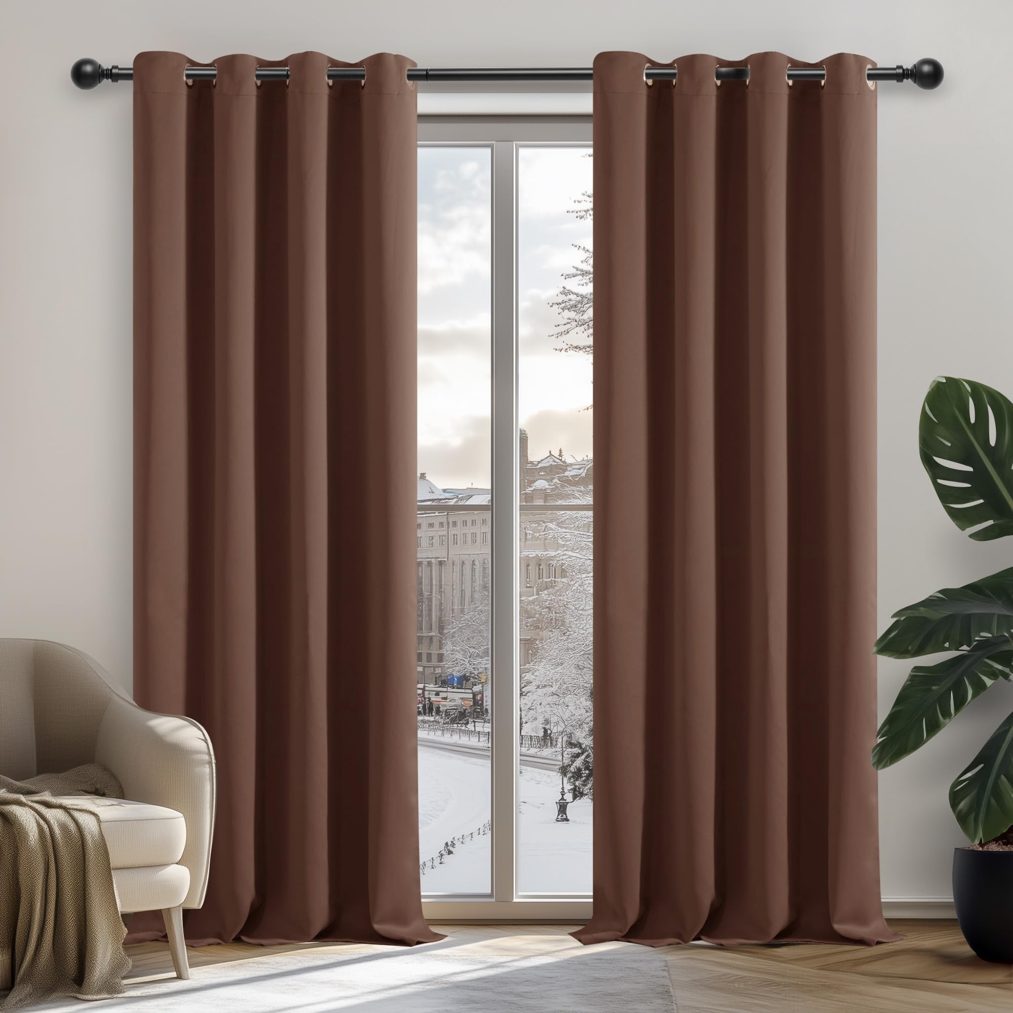 Deconovo Cortinas Opacas Cortinas Ignífugas con Ojales para Dormitorio Estudio, 132×138 CM, Marrón, 2 Piezas Global Recycled Standard Global Recycled Standard Global Recycled Standard