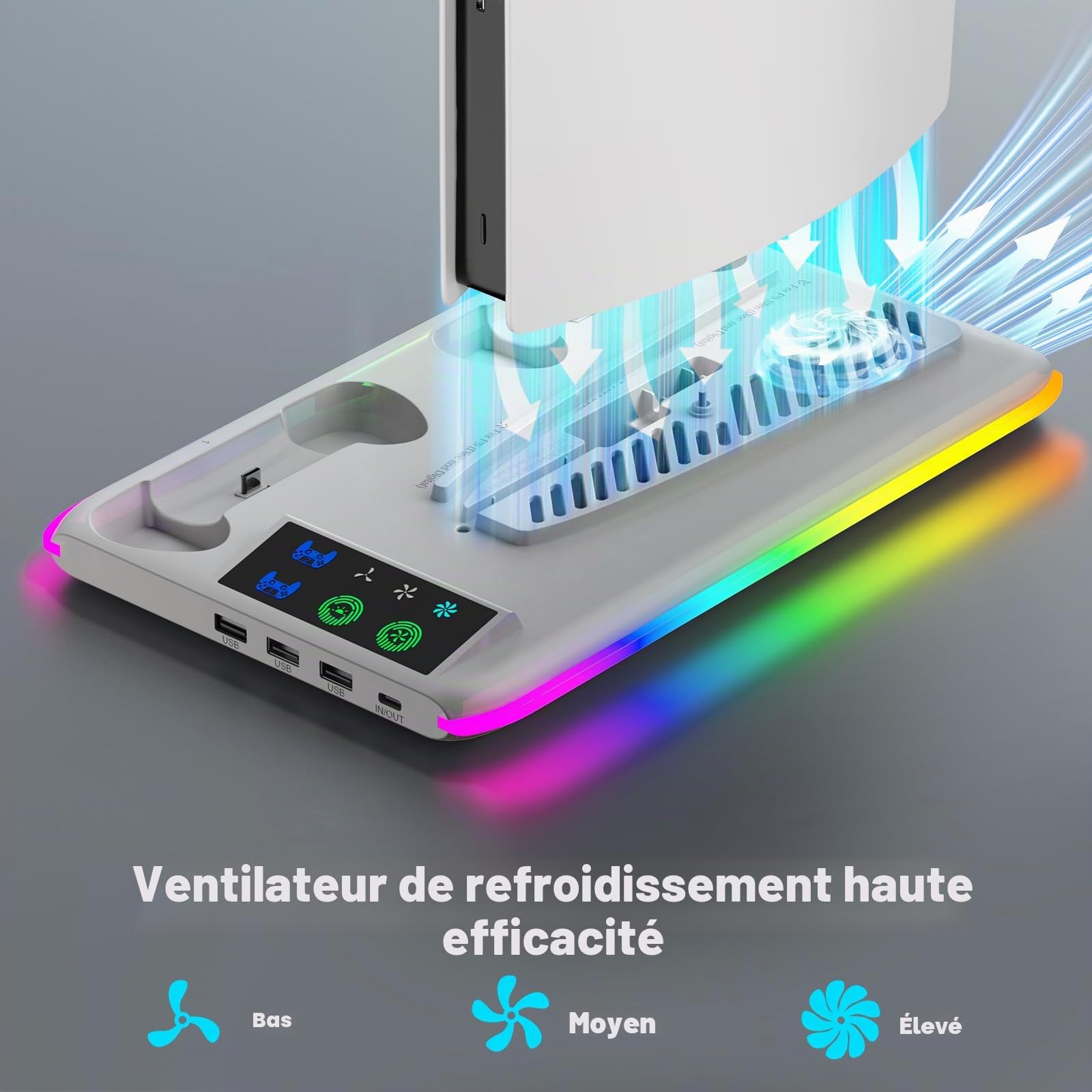 Support PS5 Standard/Slim/Pro, Support PS5 avec Ventilateur de Refroidissement à 3 Vitesses, Station de Refroidissement Vertical PS5 avec RGB, Support de PS5, Accessoires PS5/Slim/Pro