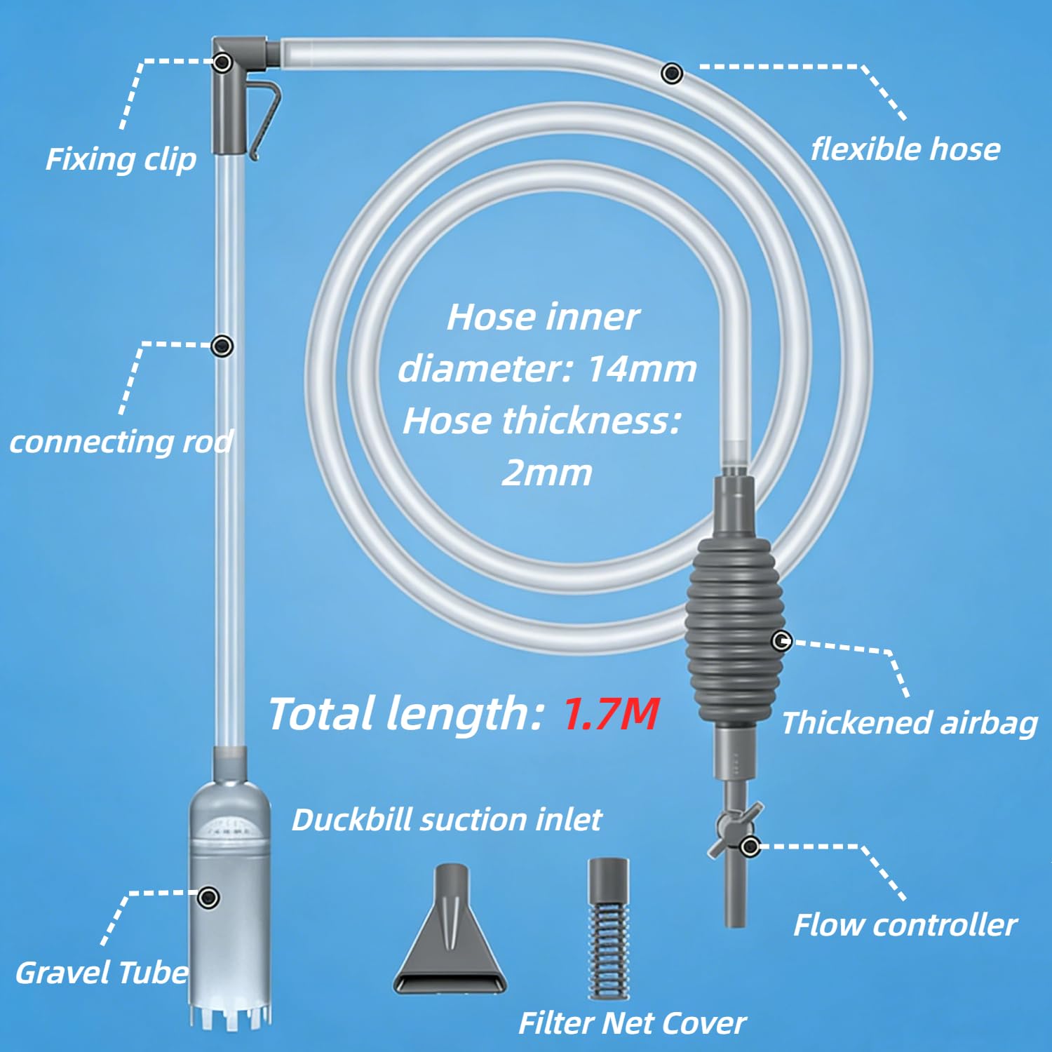 Aspirateur Aquarium, Nettoyeur de Sable de Gravier D'aquarium, 1.7m Aspirateur à Bec Canard, Tuyau Flexible PVC, Pompe Nettoyage Aquarium Kit, pour Nettoyage Aquarium pour Changer l'eau