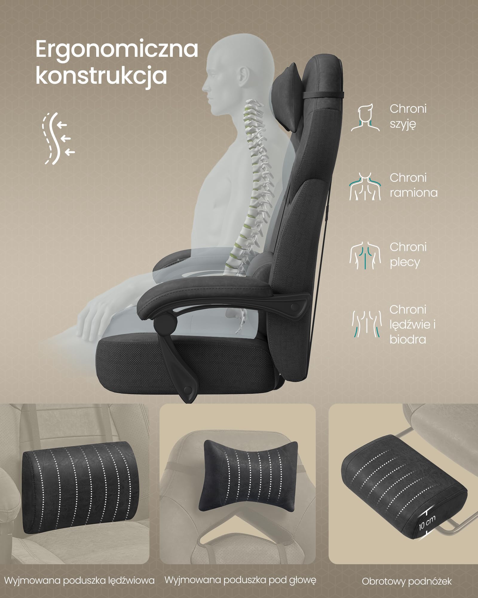 SONGMICS Fotel gamingowy, krzesło biurowe, krzesło komputerowe, ergonomiczny design, z podnóżkiem, regulowanym zagłówkiem, podparciem lędźwiowym, udźwig 150 kg, kolor czarny atramentowy OBG077BH21