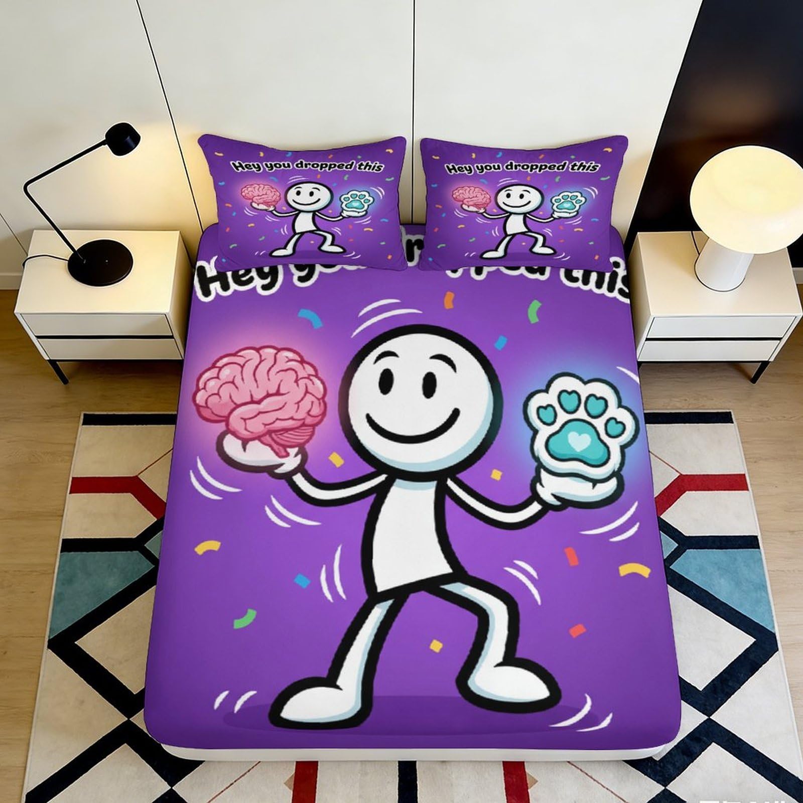 Pnayamiorkfel Style-1 3D Printed Cartoon Brain Paw Fitted Sheet Microfiber Soft Purple Bed Cover For Bedroom Dorm Mattress Protection Decor 90X200x25cm