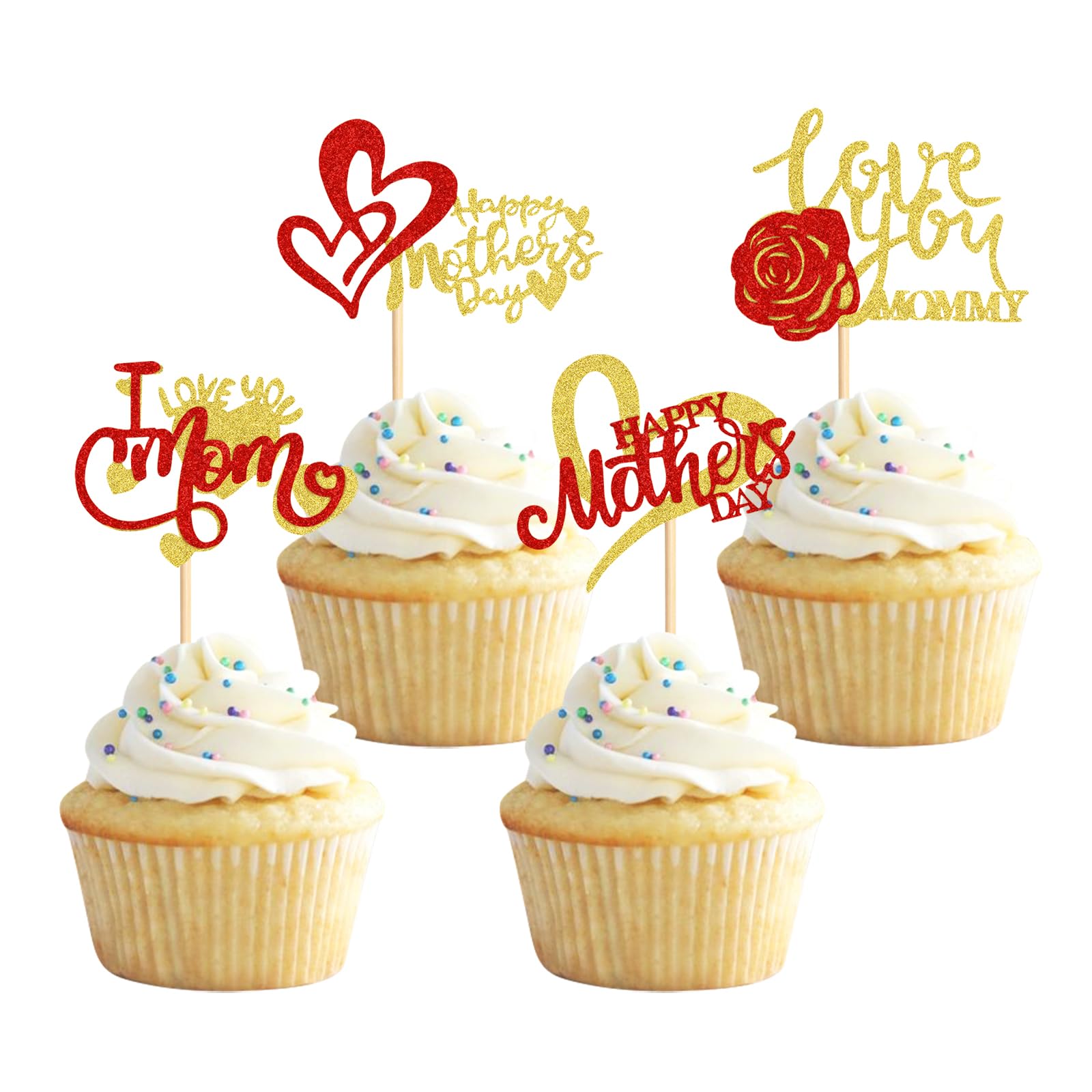 Blumomon 24Pcs Happy Mothers Day Cupcake Toppers Gold Glitter Mum's Day Love Mum Cake Toppers Rose Best Mom Cupcake Picks for Mother's Day Party Decorations