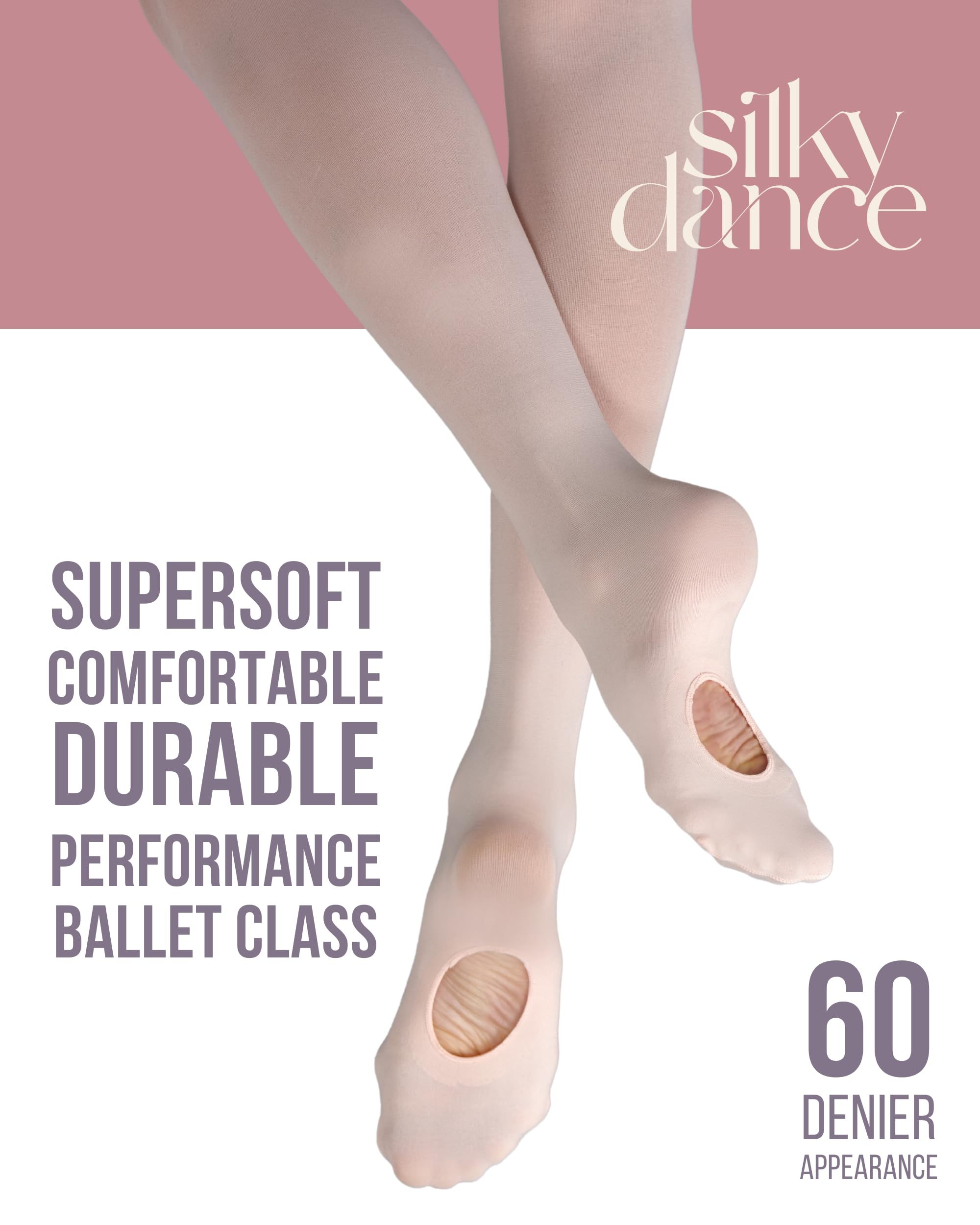 Silky Dance 2 pares de medias convertibles de ballet de danza, 60 denier, paquete múltiple para niñas, niños pequeños, adultos, mujeres, en rosa, rosa claro, blanco, negro, bronceado y bronceado claro