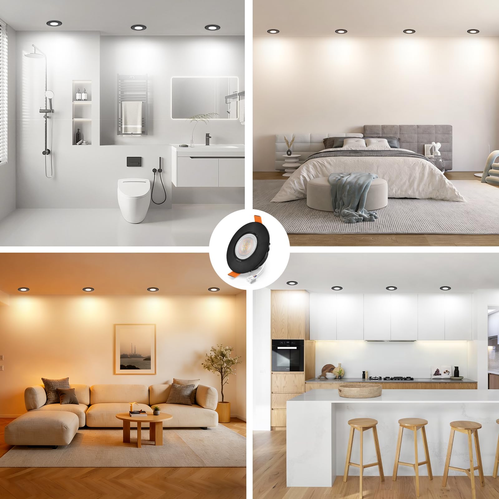 YindaLux Foco LED empotrable 230V Regulable 5W IP44 Ultrafino, Corte 68-80 mm, 3000K/4000K/6000K, Orientable 45°, Focos de techo para Baño Cocina Negro, Pack de 6