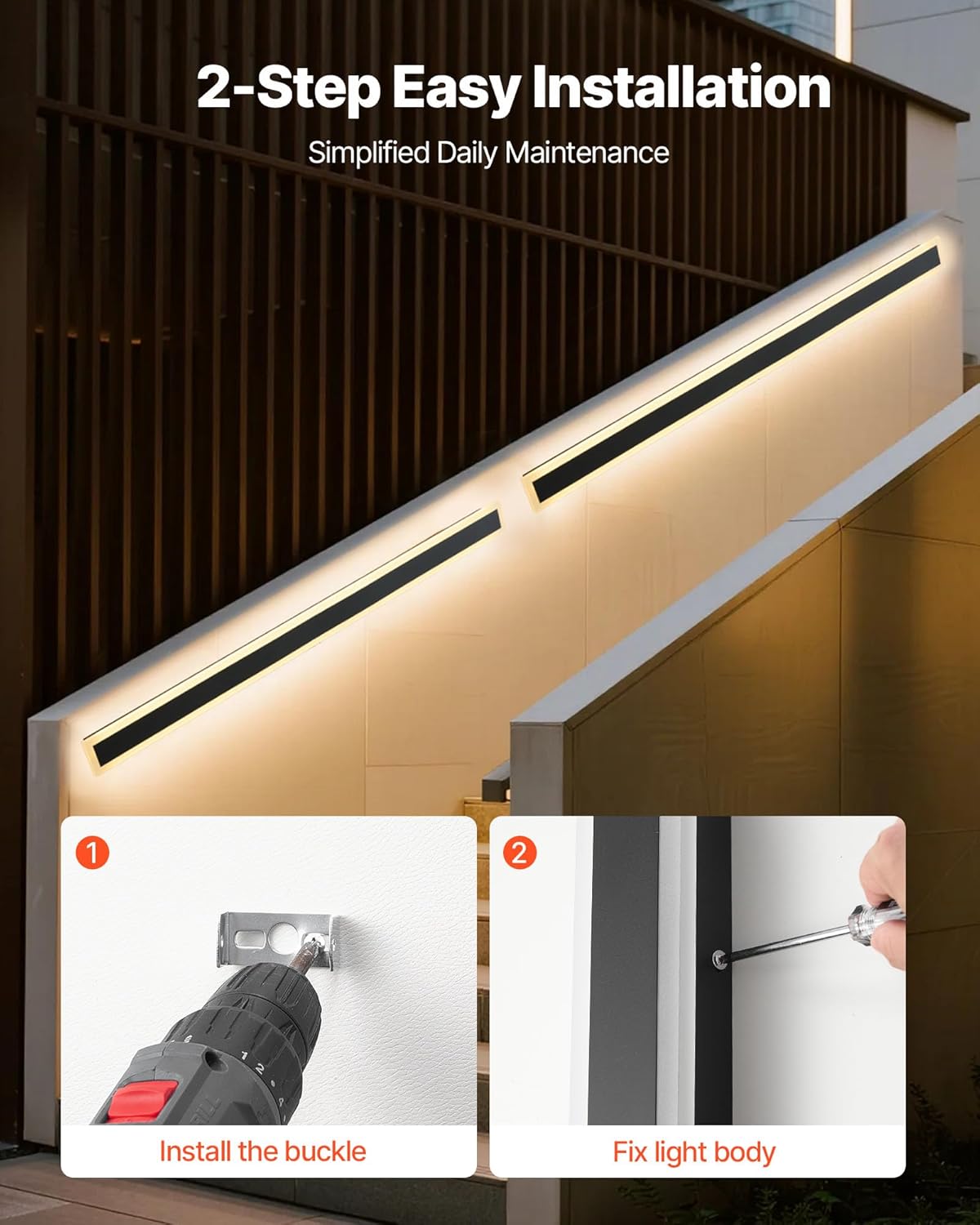 VEVOR Outdoor Wall Lights, 2 Pack, 47.2 Inch Long Strip Modern Exterior Wall Sconce Light Fixtures, 3000K Warm White, IP65 Waterproof Anti-Rust Outside Wall Mount Lighting, for House, Porch, Garage