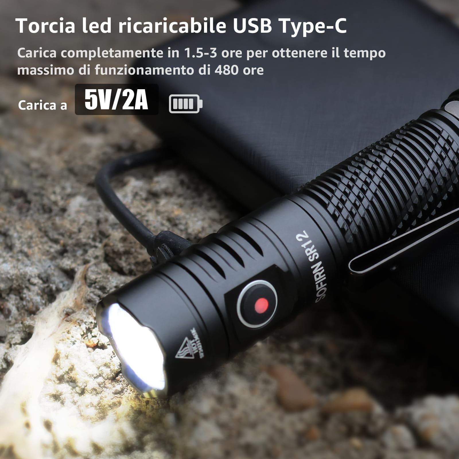 Sofirn SR12 Torcia a LED ricaricabile estremamente luminosa – 1450 lumen, impermeabile IP68, tappo magnetico, portata 396 m, piccola torcia portatile e compatta per campeggio, escursionismo, attività