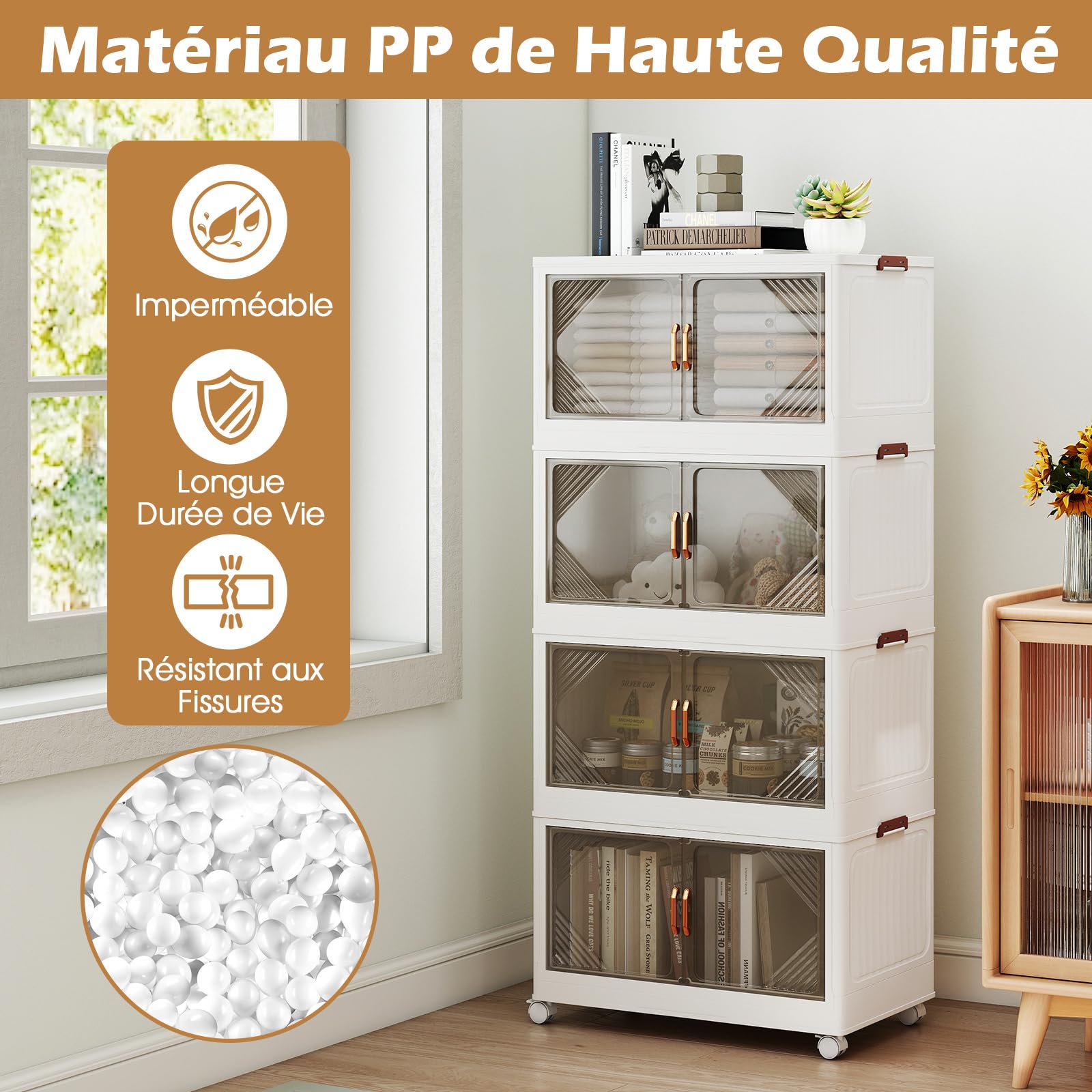 GOPLUS Boite Rangement Empilable et Pliable à 4 Niveaux en PP, Caisse Rangement avec roulettes, 71L par Niveaux, Couvercle Amovible, Portes Magnétique, Boucles Latéraux, Chambre, Salon