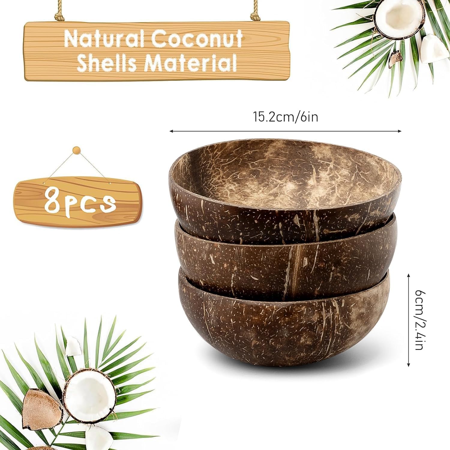 Juego de 8 cuencos naturales de cáscara de coco, 450 ml/15 oz - Cuenco liso pulido para batidos, acai, ensaladas, buda Bowl, ideal para regalos veganos, decoración de cocina, servicio en fiestas