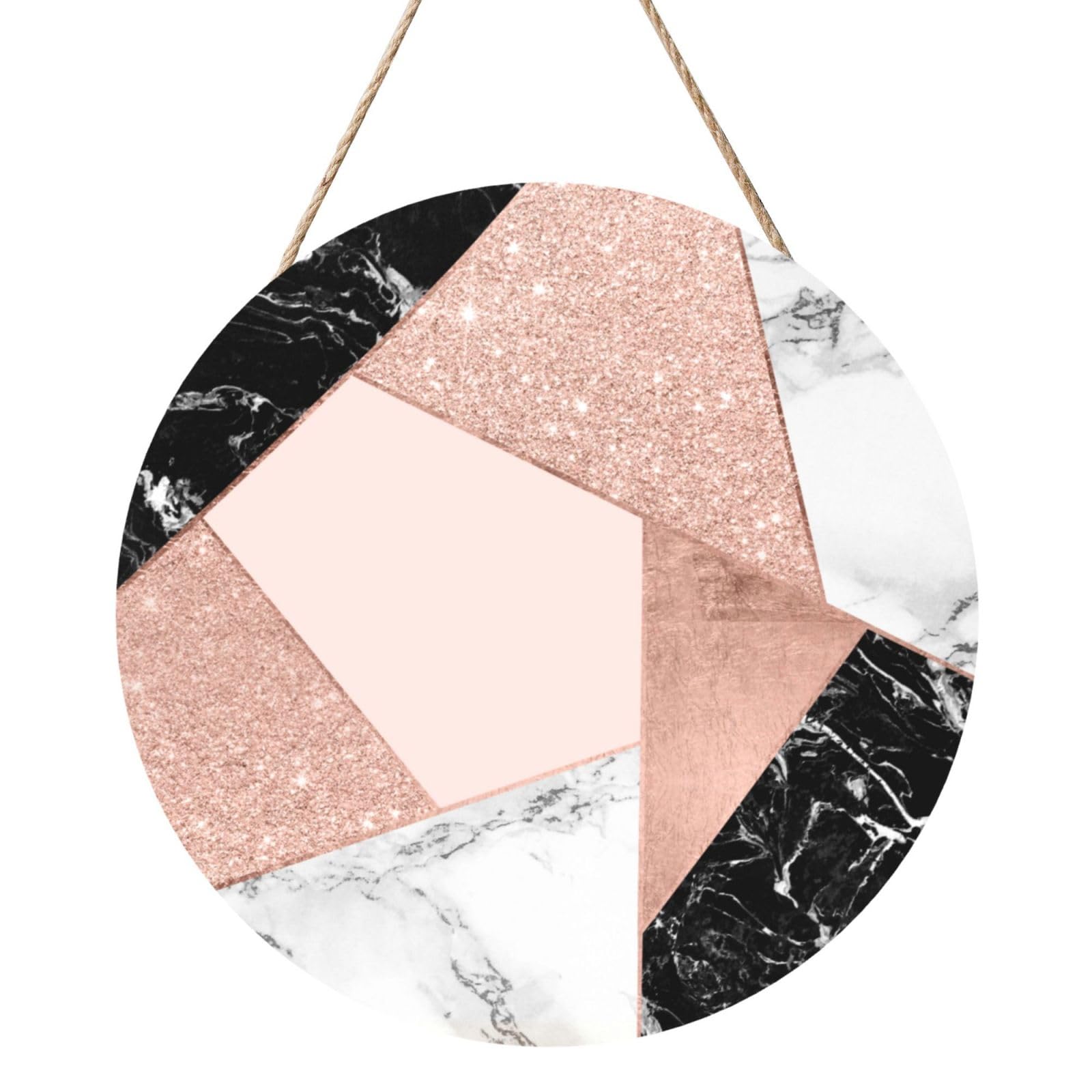 InOmak Rose Gold Glitter Black White Marble Geometric, Round Wood Panel Painting 12 in, Wall Hanging Painting For Home