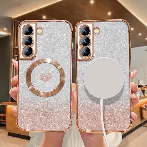 Miniatura 5 de Funda magnética para Samsung Galaxy S22, para mujeres y niñas, chapado de lujo suave, brillante, brillante, brillante, lindo corazón, compatible con