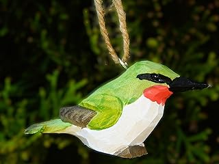 Ruby-Throated Hummingbird Ornament – Hand-Carved Wooden Hanging Bird Figurine, Holiday Decoration, Miniature Wildlife Art, Handmade Nature-Inspired Gift