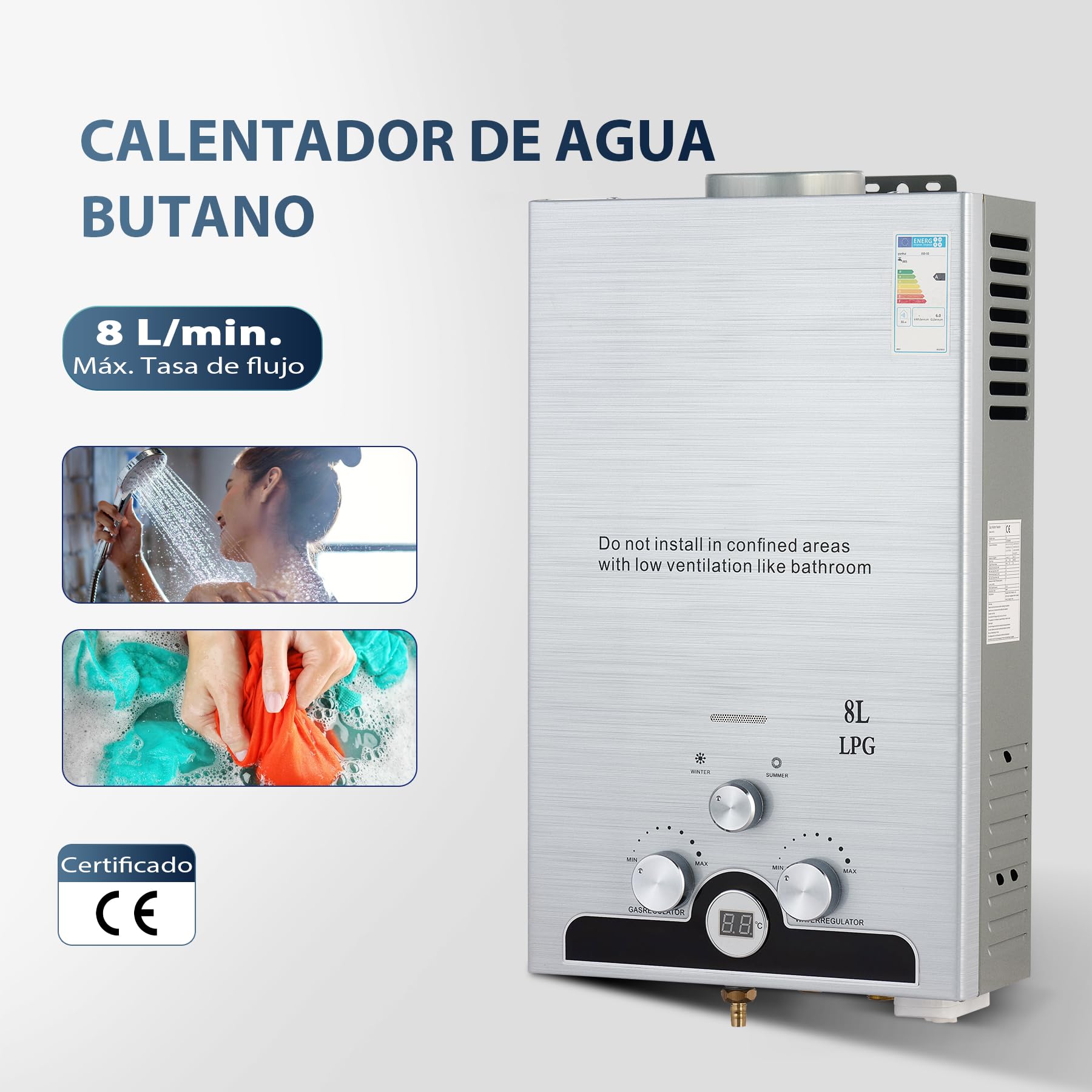 CO-Z 8L Calentador de Agua Butano Calentador de Agua LPG Instantáneo, Certificado CE, Calentador de Agua de Gas Licuado de Petróleo sin Tanque