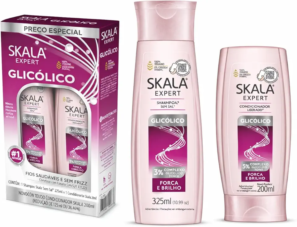 Kit Skala Glicólico Shampoo 325ml + Condicionador 200ml – Renovação Capilar, Brilho e Controle de Frizz