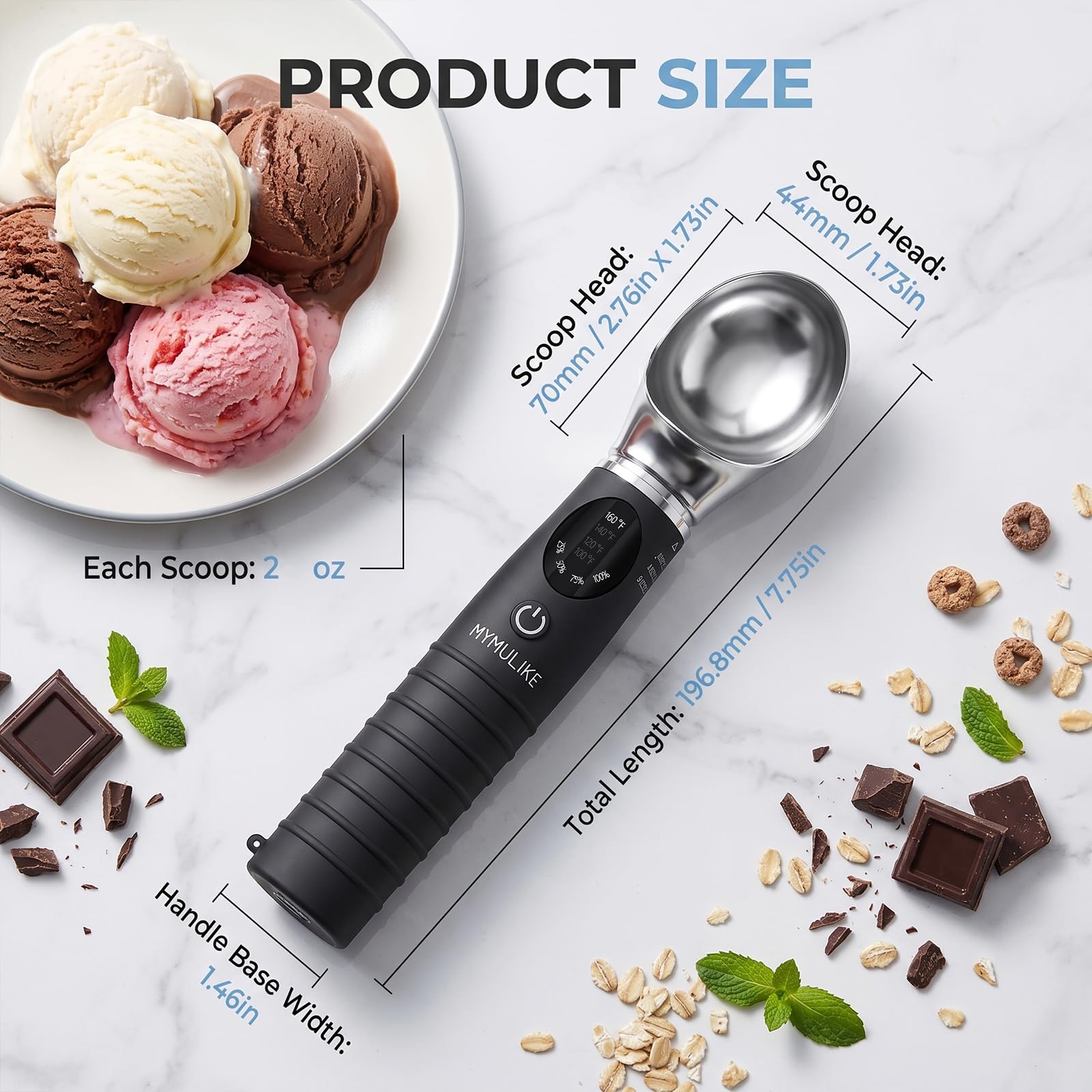 MYMULIKE Cuchara de helado calentable de acero inoxidable, 4 temperaturas (40-70 ℃), cuchara de hielo ajustable, 30 S, calentamiento rápido, cuchara de hielo recargable, apagado automático de 3