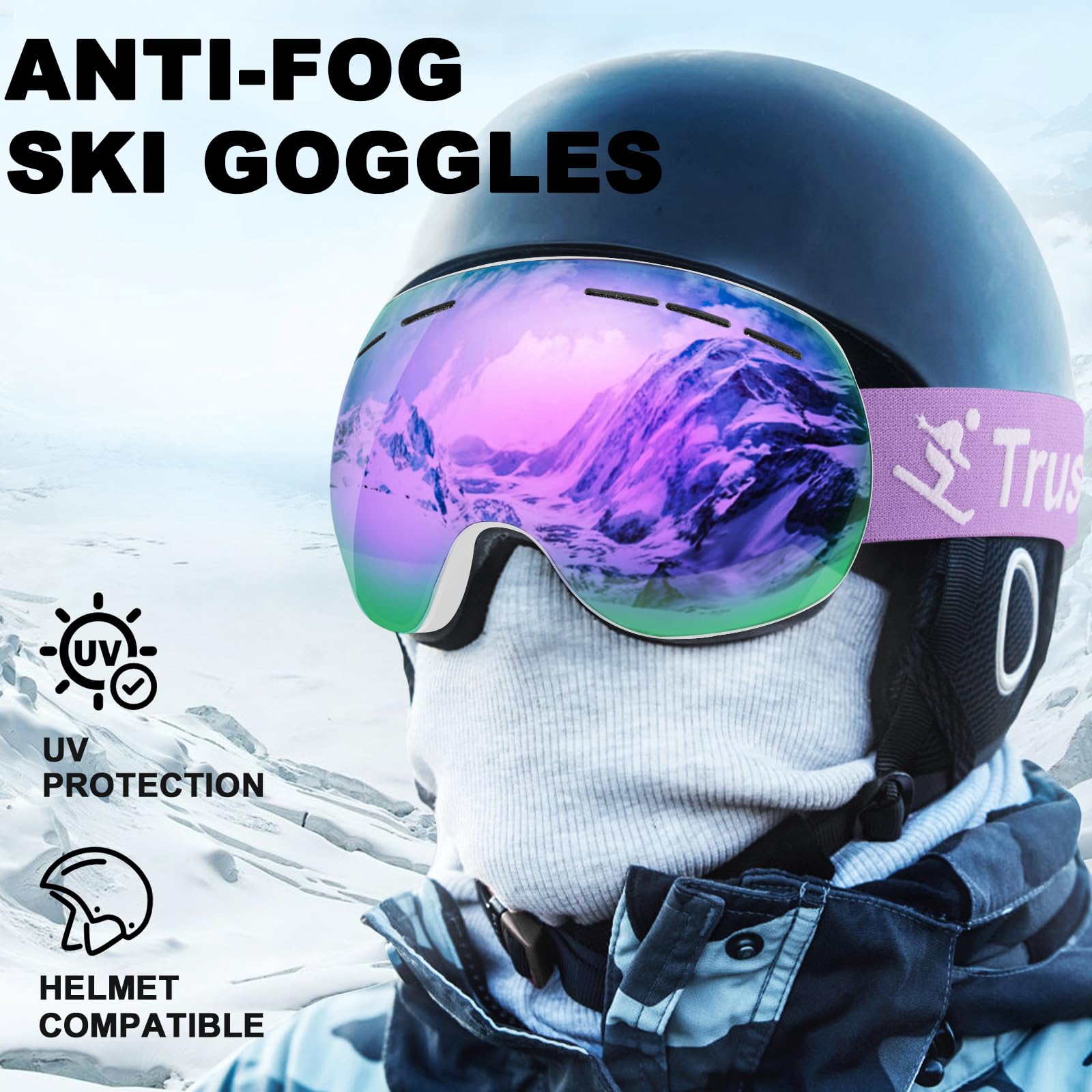 Trusiel Maschera Sci, Occhiali da Sci OTG, Anti Nebbia Anti-UV Maschera da Sci Donna Uomo, Occhiali da Sci Casco Compatibile per Sci Snowboard Sport Invernali