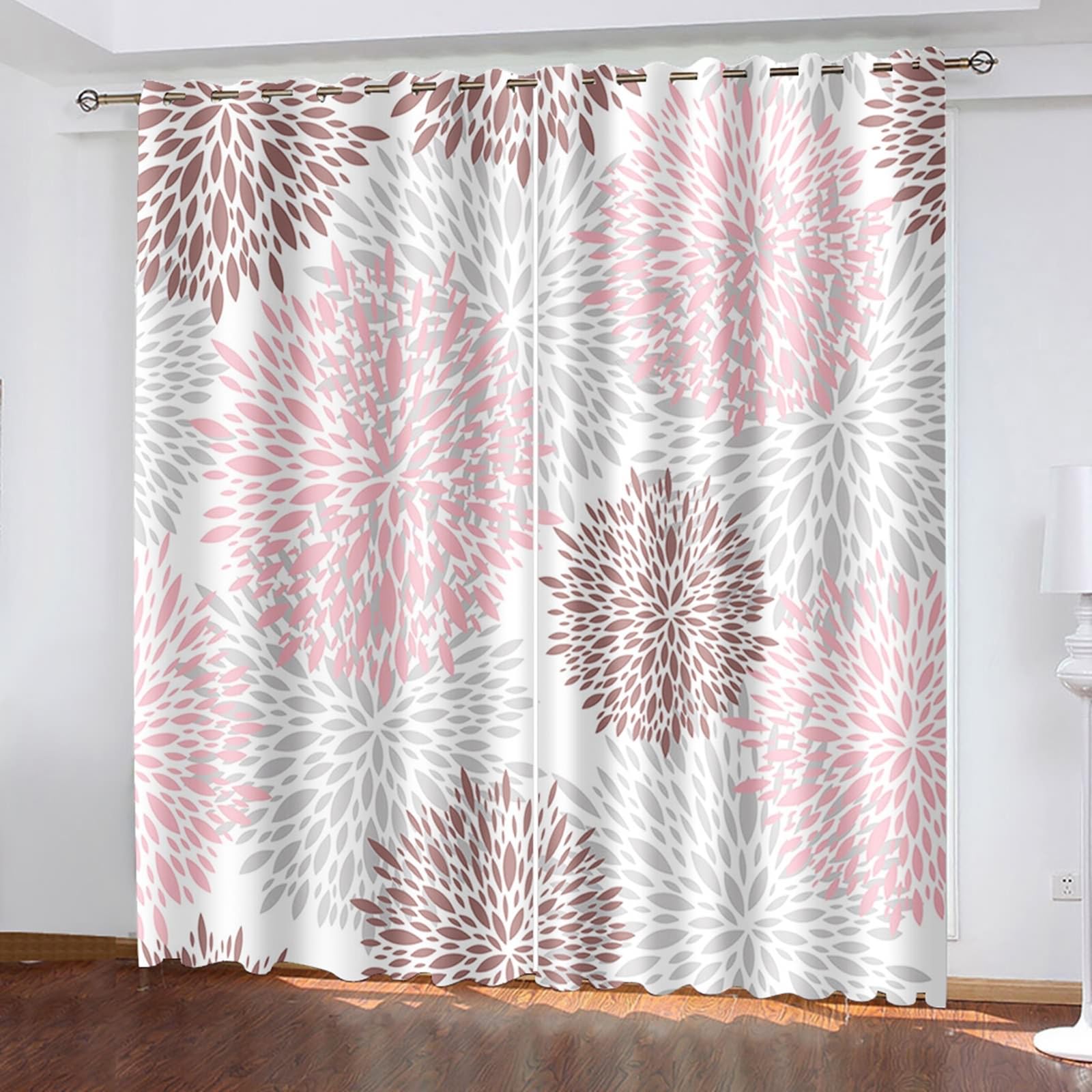 Lot de 2 Rideaux Occultant, Rideau Occultant Fenetre à Oeillets Motif de Simple Pétales de Fleurs Rideaux pour Decoration Chambre Salon Intérieurs, 132x274 CM(LxH), Gris Rose Marron